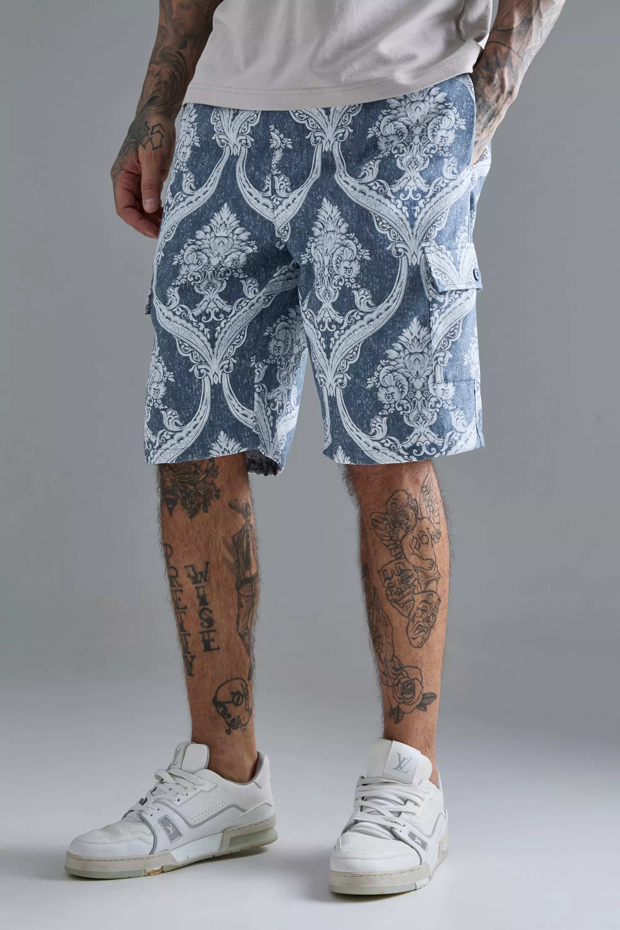 Blue Tall Textured Tapestery Cargo Short