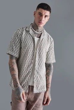 Tall Short Sleeve Drop Revere Abstract Open Weave Shirt Stone