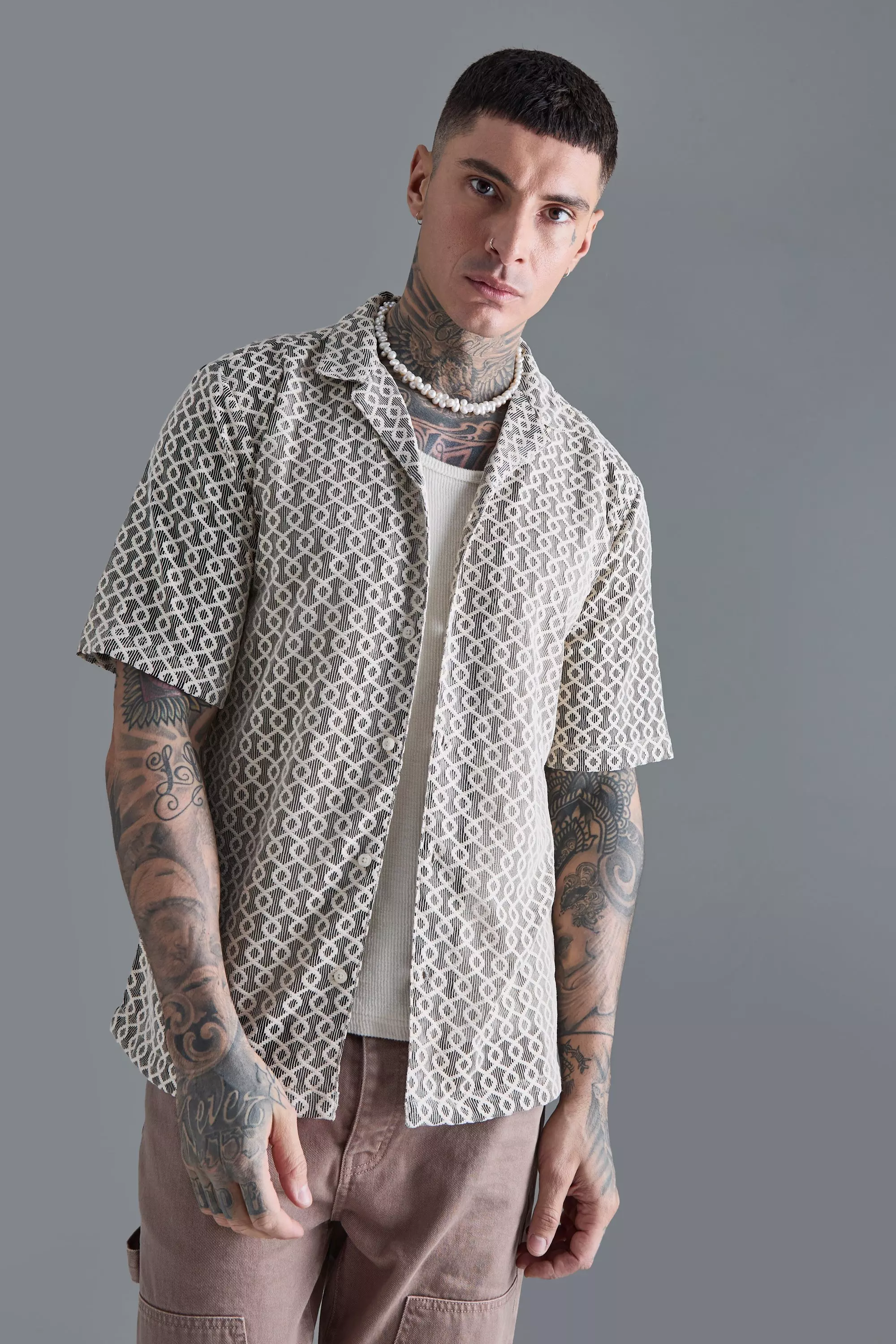 Tall Short Sleeve Drop Revere Abstract Open Weave Shirt Stone