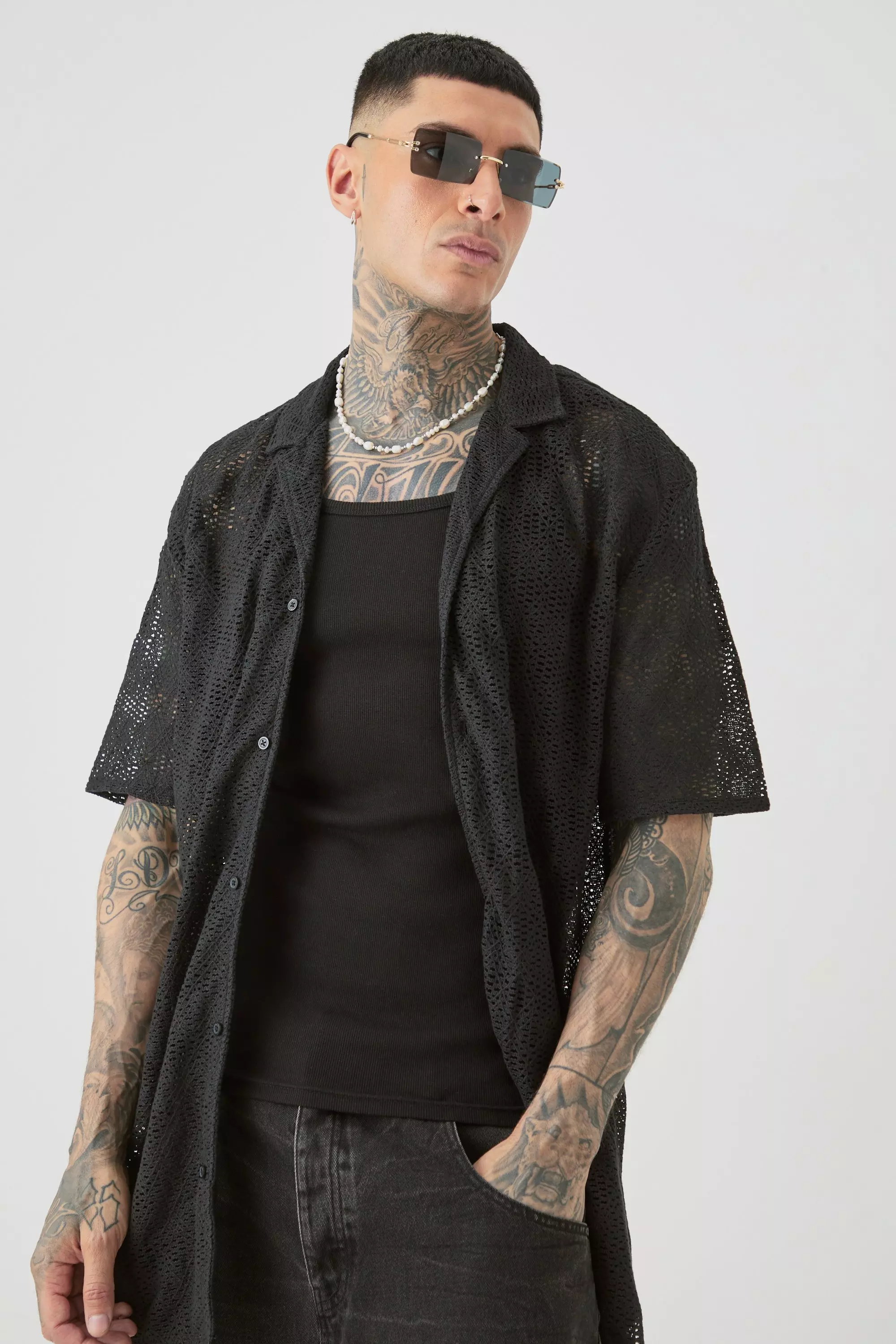Tall Short Sleeve Oversized Revere Open Weave Shirt Black
