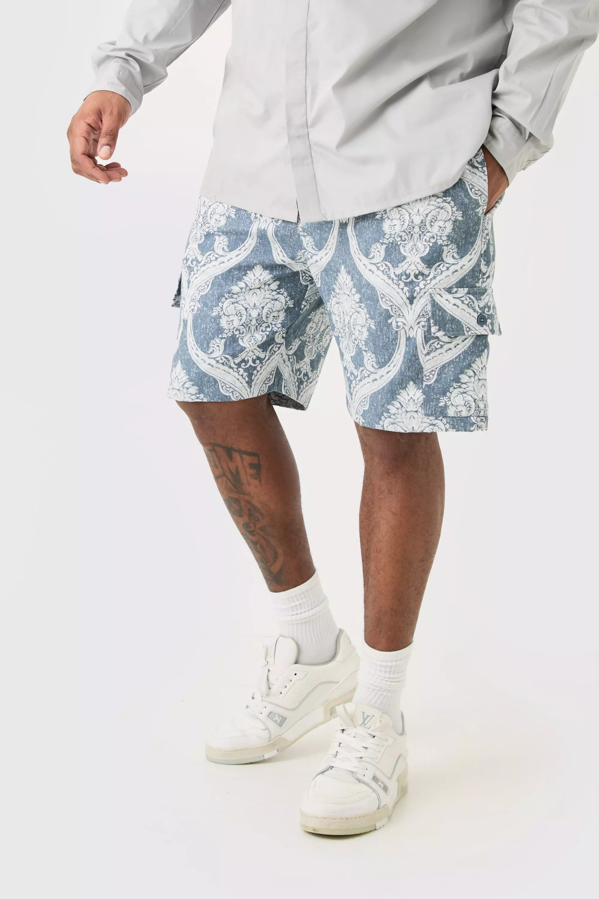 Plus Textured Tapestry Cargo Short Blue