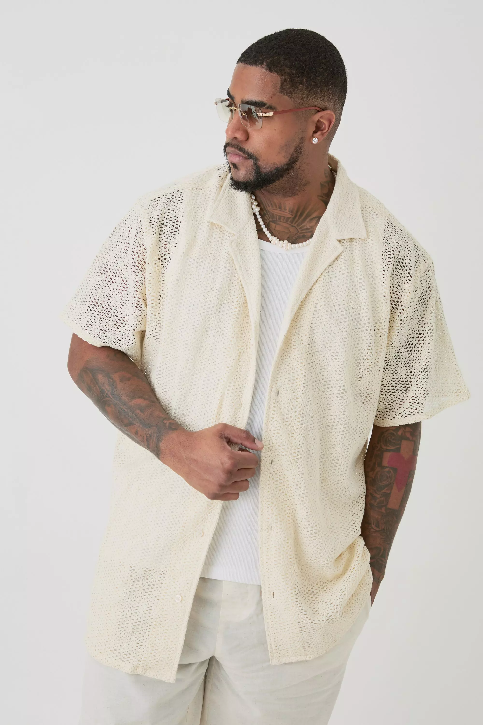 Plus Short Sleeve Oversized Revere Open Weave Shirt Stone