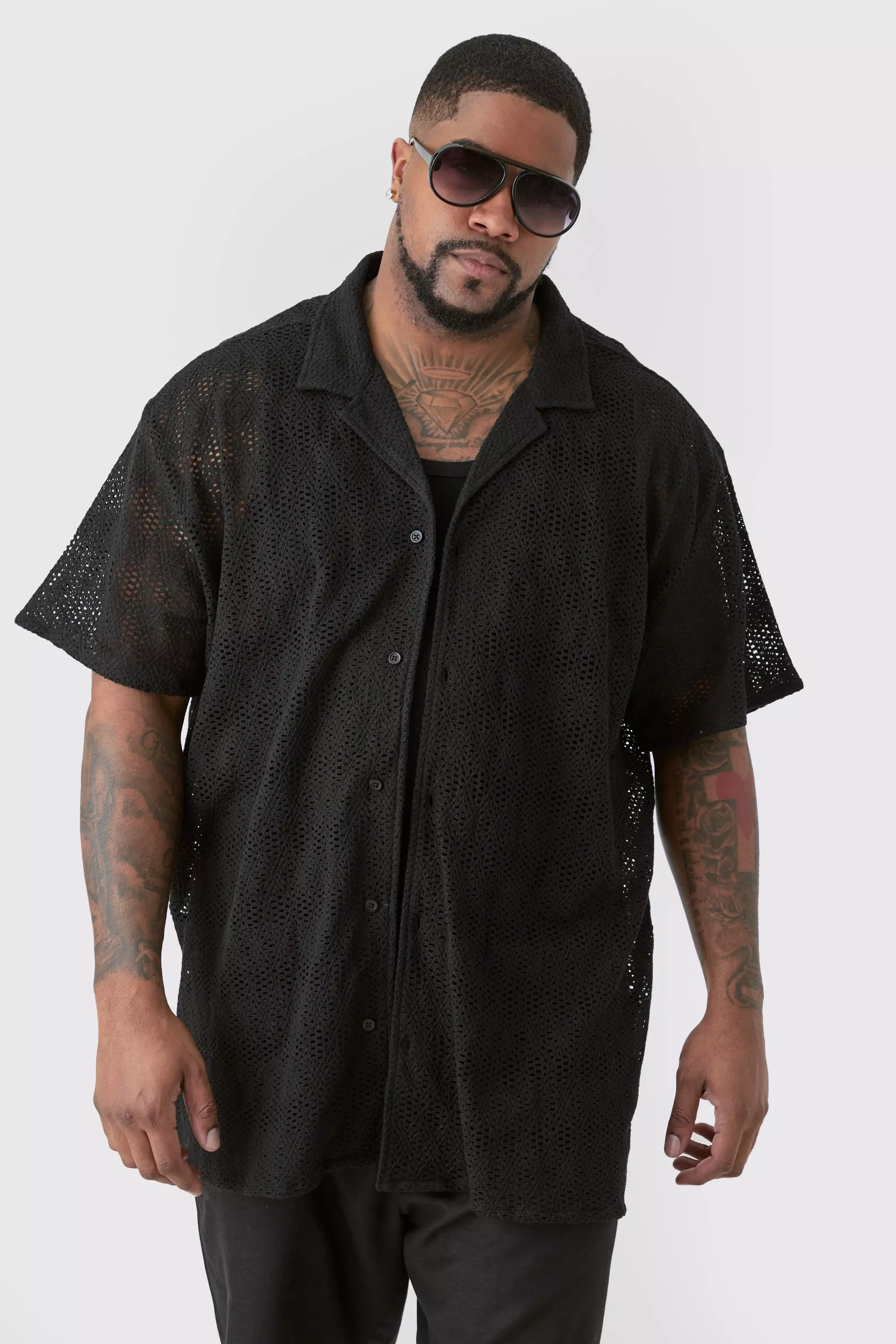 Plus Short Sleeve Oversized Revere Open Weave Shirt Black