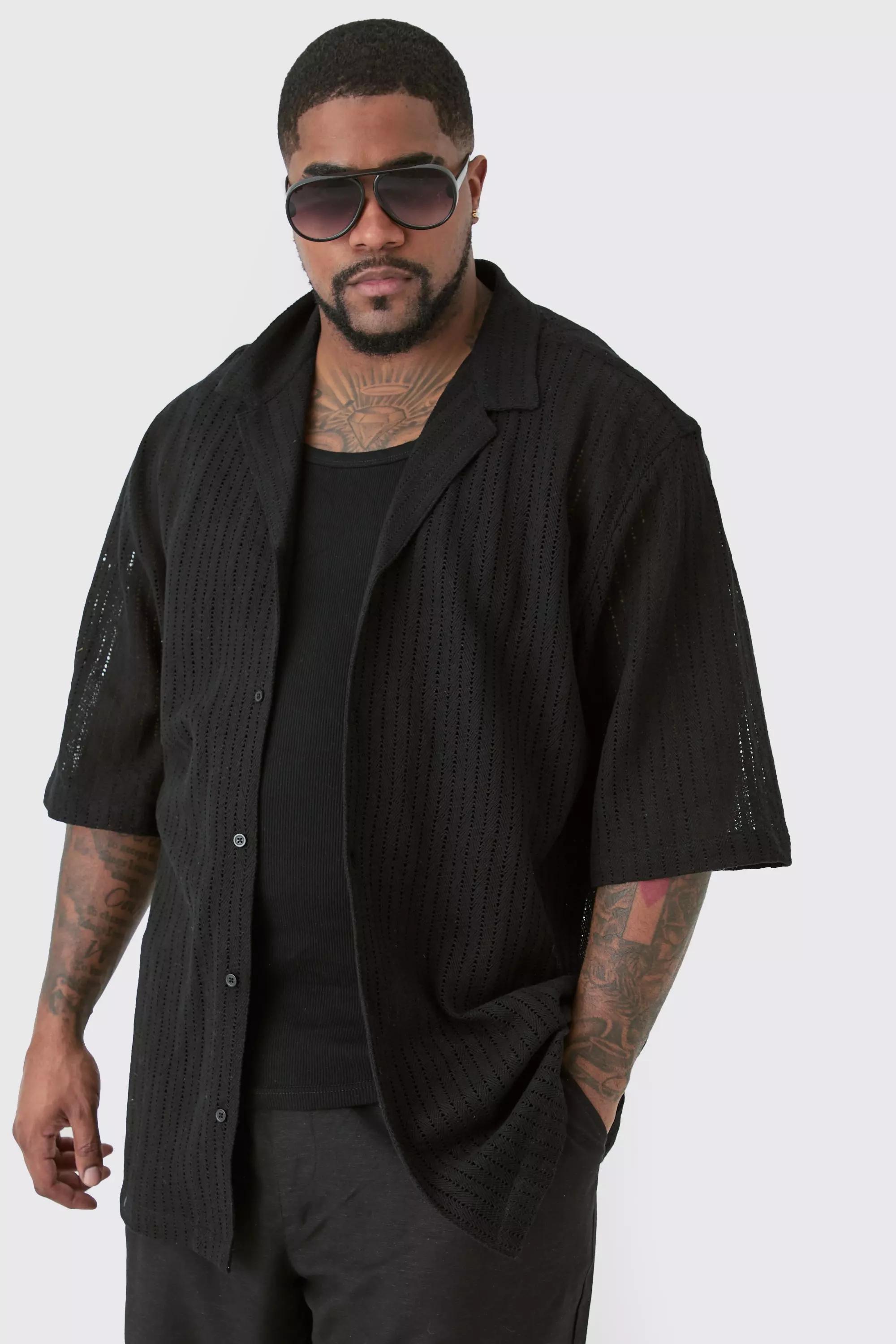 Plus Short Sleeve Drop Revere Open Weave Shirt Black