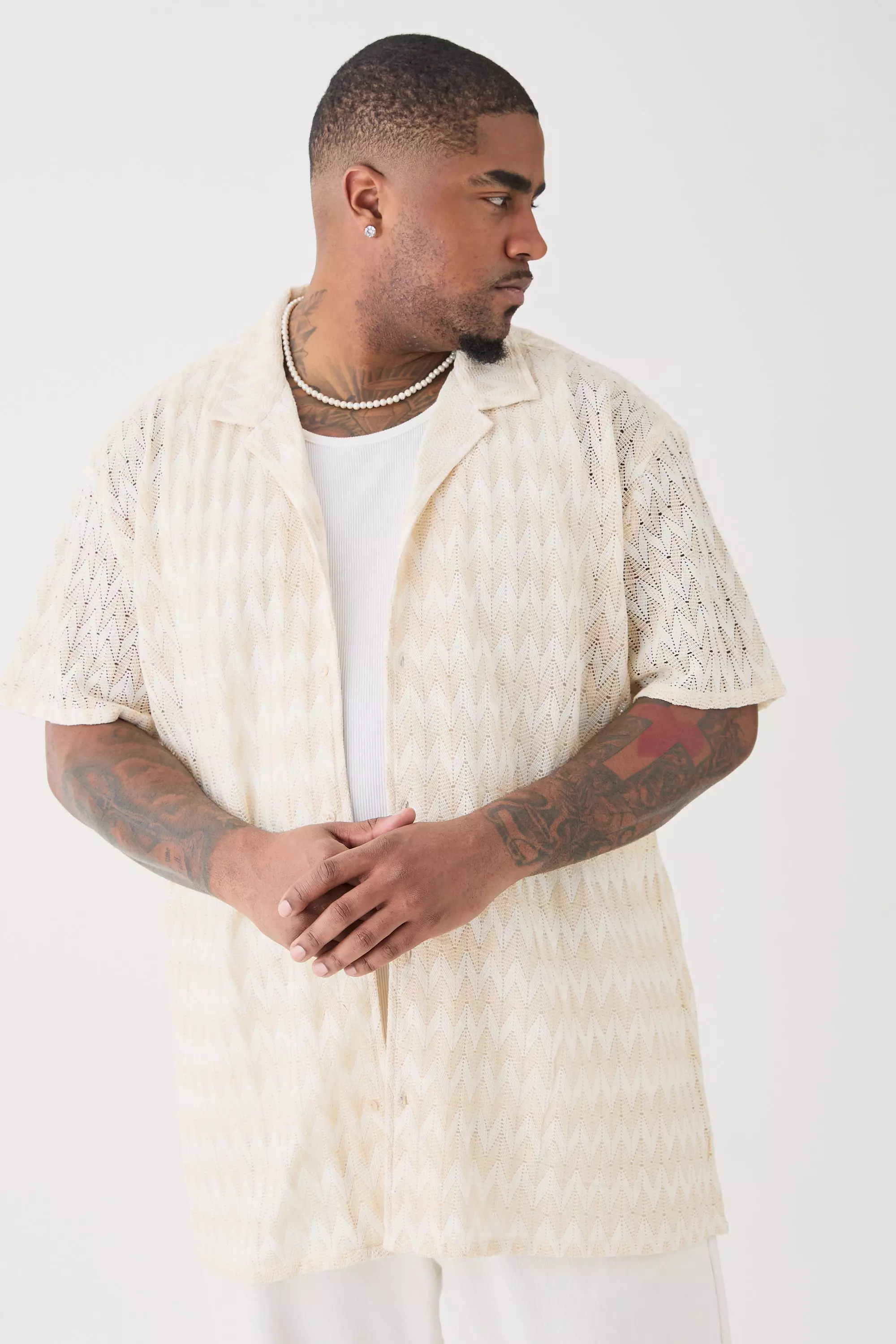 Plus Short Sleeve Oversized Revere Abstract Open Weave Shirt Stone