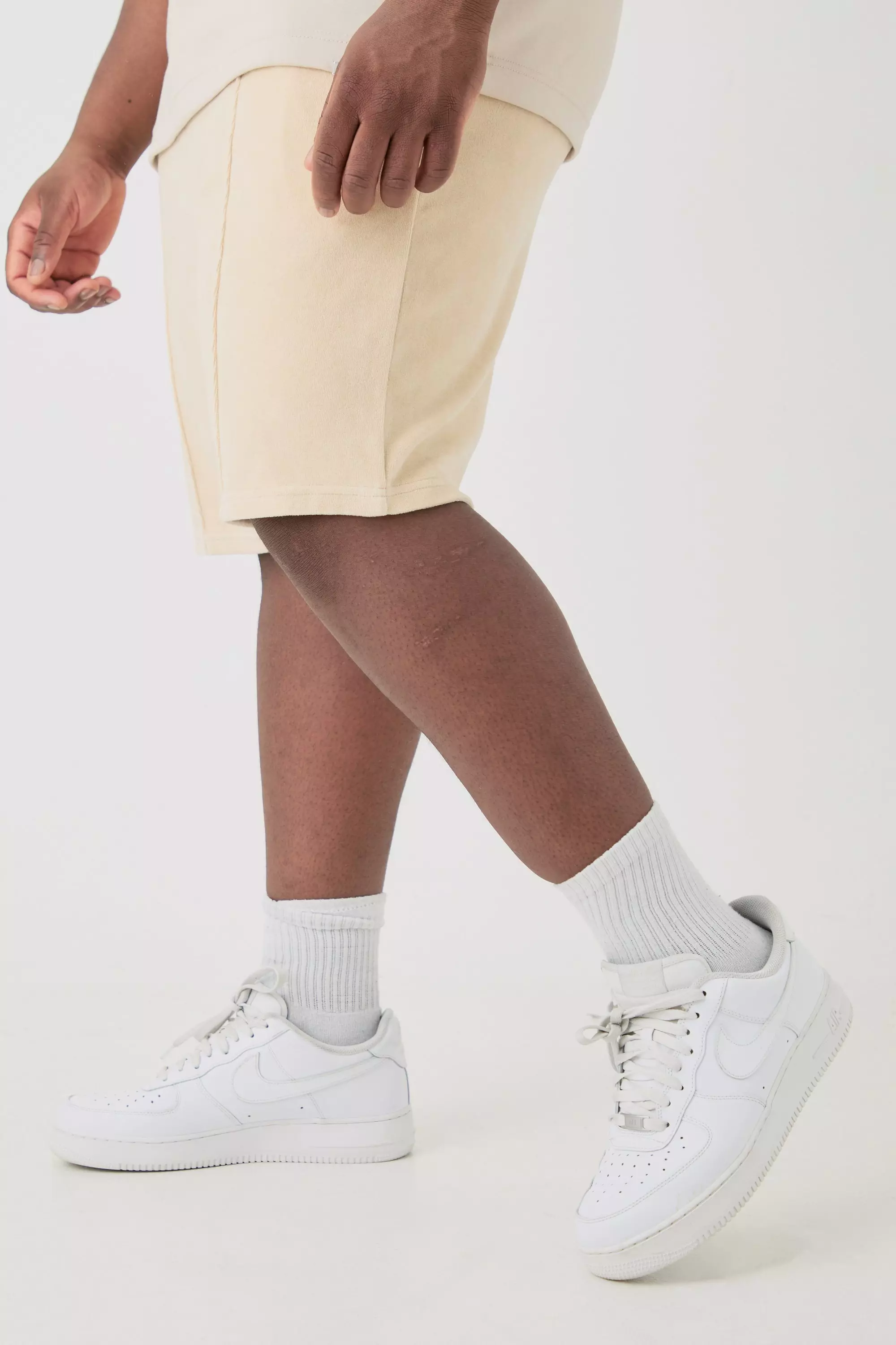 Stone Beige Plus Elasticated Waist Pintuck Velour Shorts