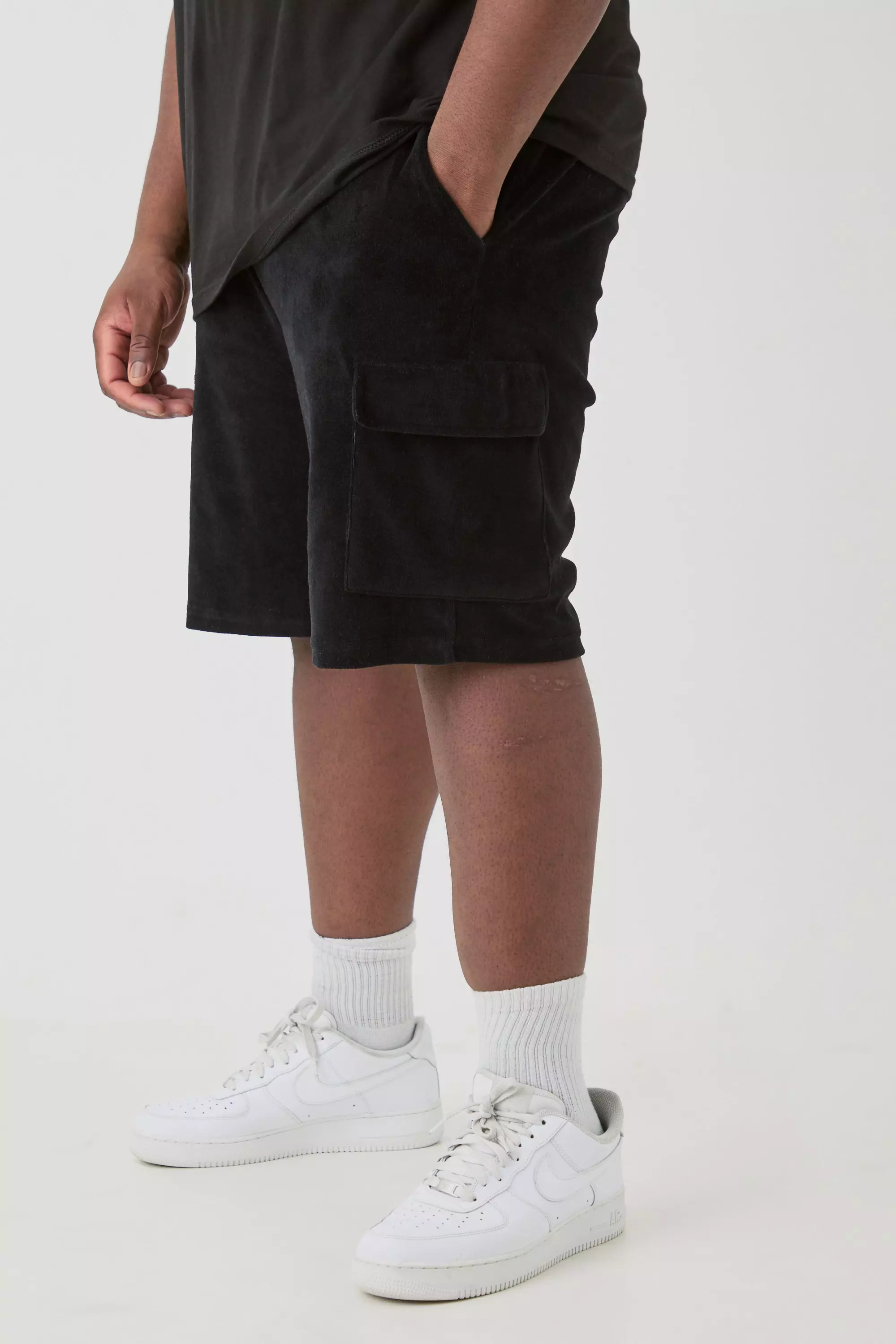Black Plus Elasticated Waist Velour Cargo Shorts
