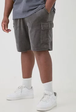 Grey Plus Elasticated Waist Velour Cargo Shorts