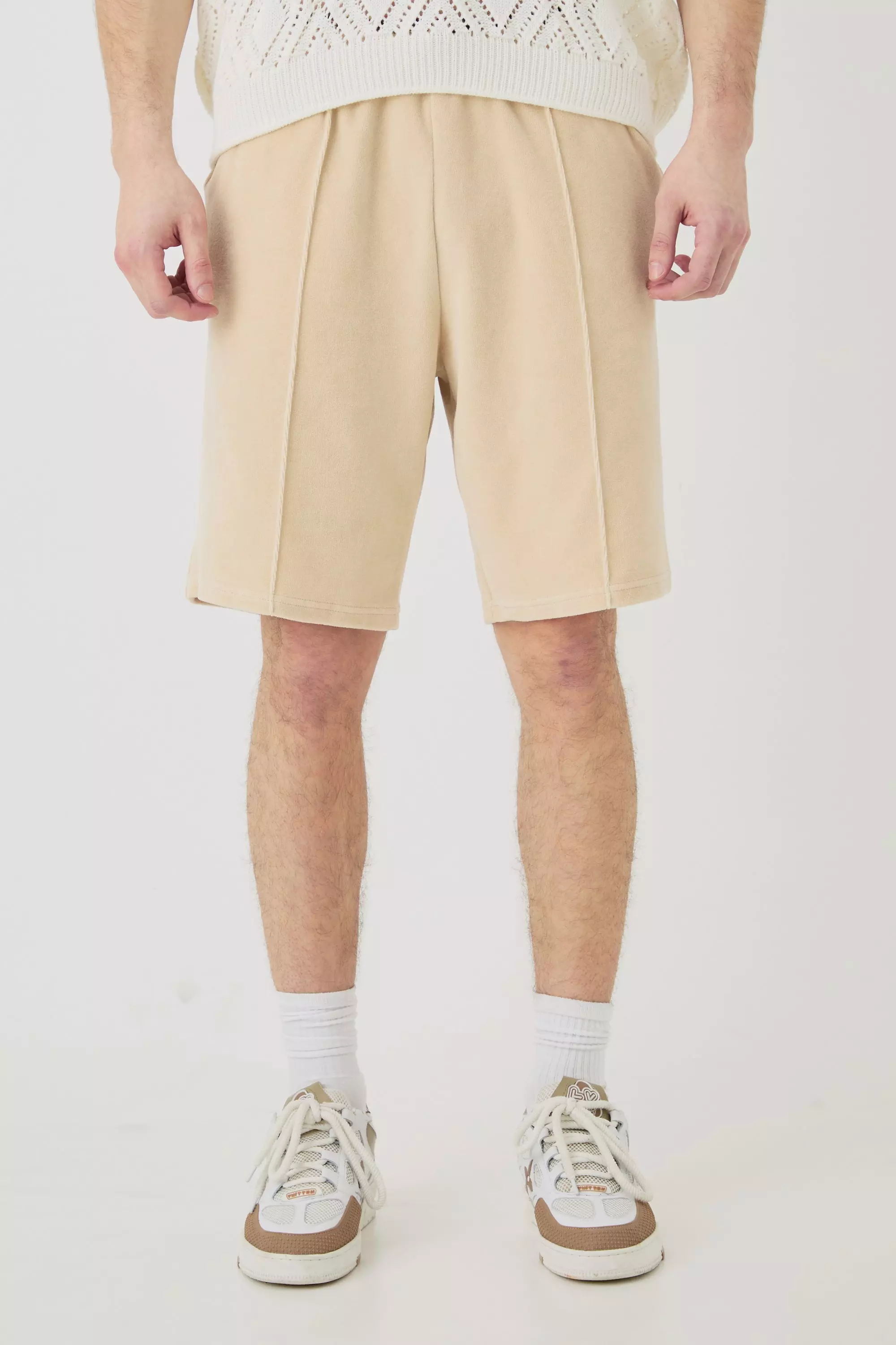 Stone Beige Tall Elasticated Waist Pintuck Velour Shorts