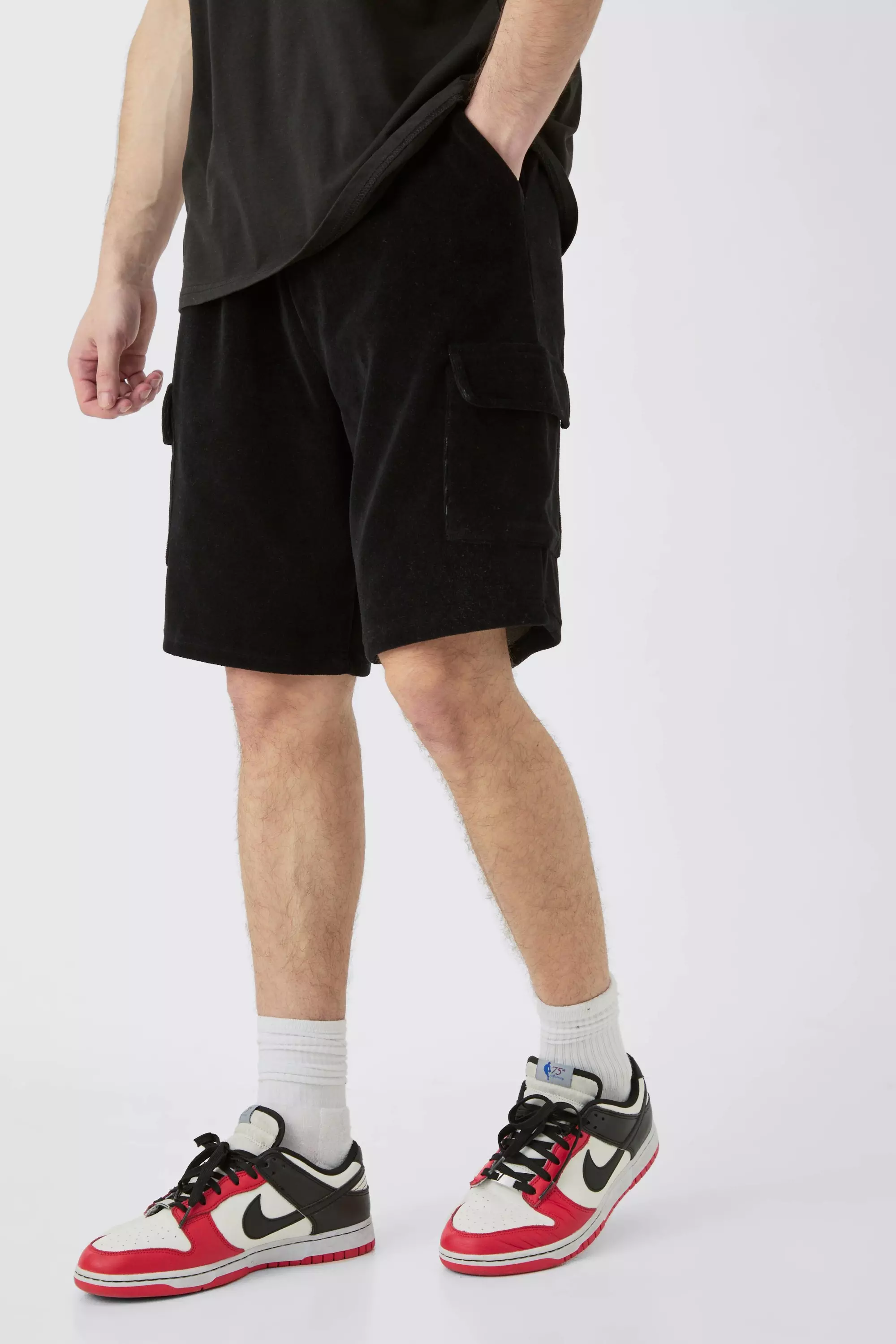 Black Tall Elasticated Waist Velour Cargo Shorts