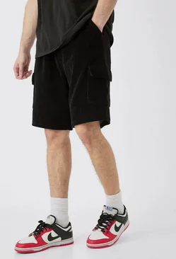 Tall Elasticated Waist Velour Cargo Shorts Black