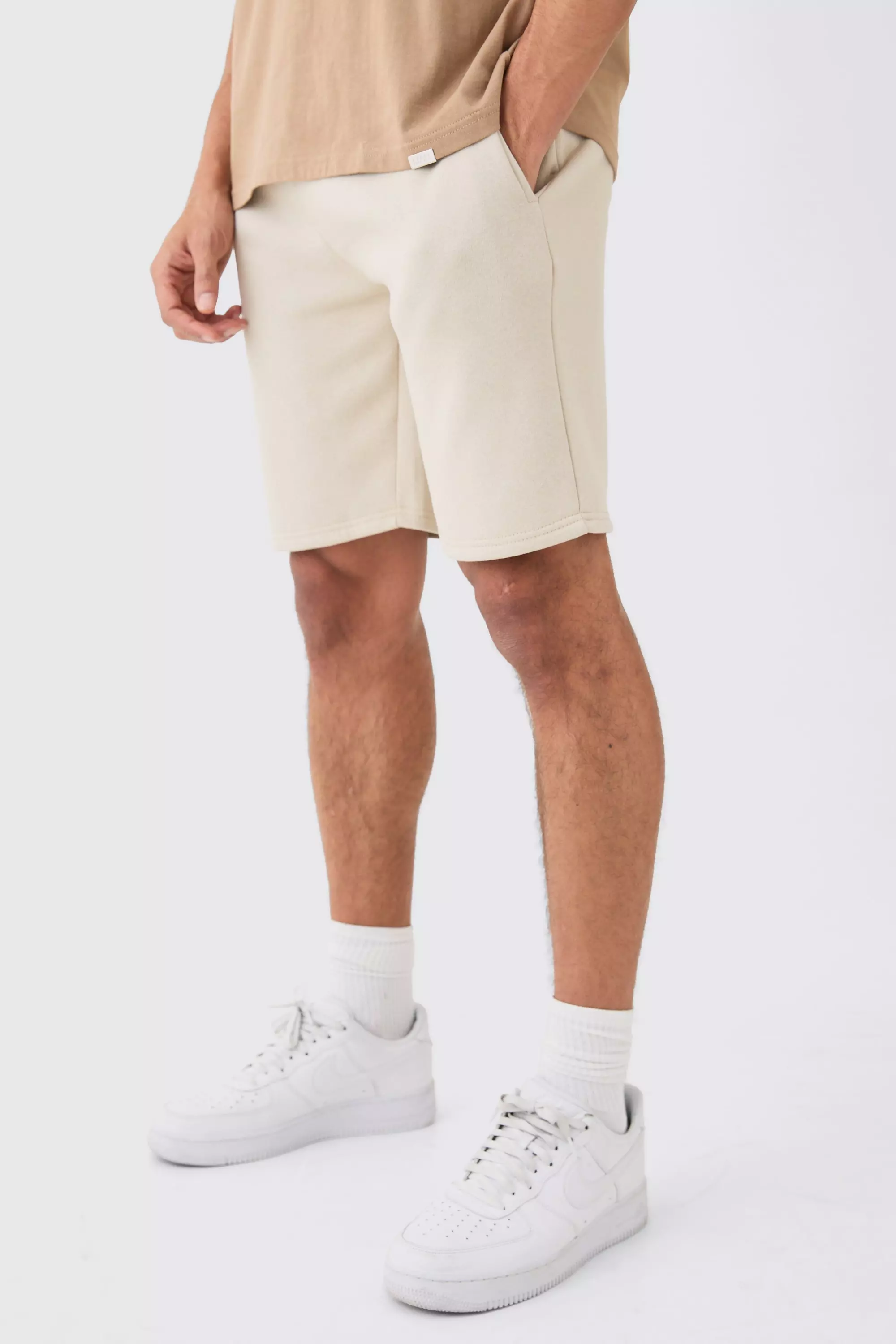 Stone Beige Loose Fit Mid Length Basic Shorts