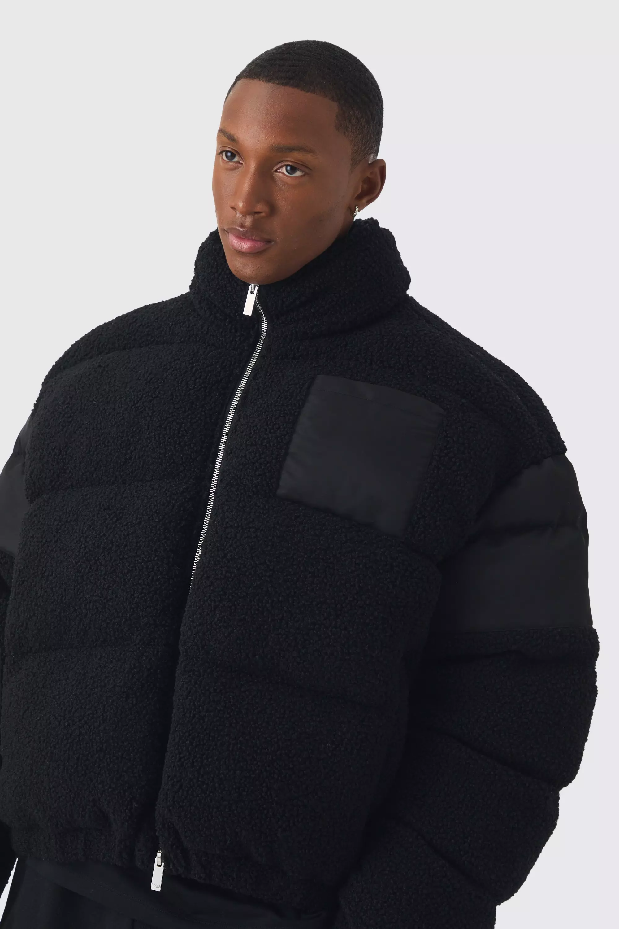 Borg Nylon Funnel Neck Puffer In Black boohooMAN