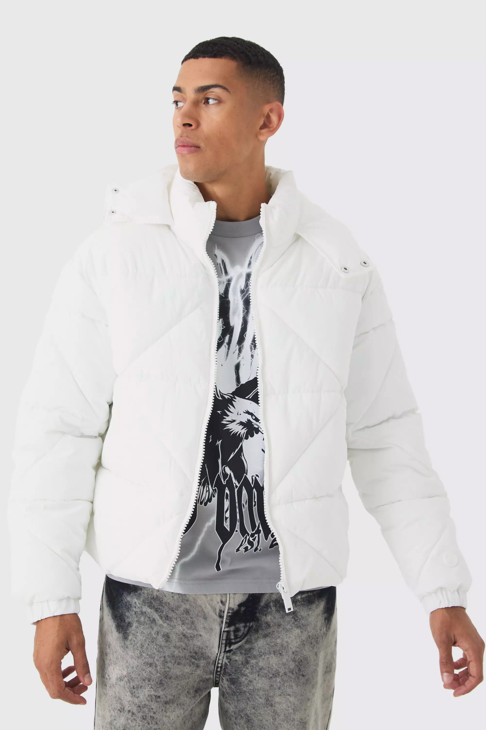 Abstract Quilted Puffer In White White