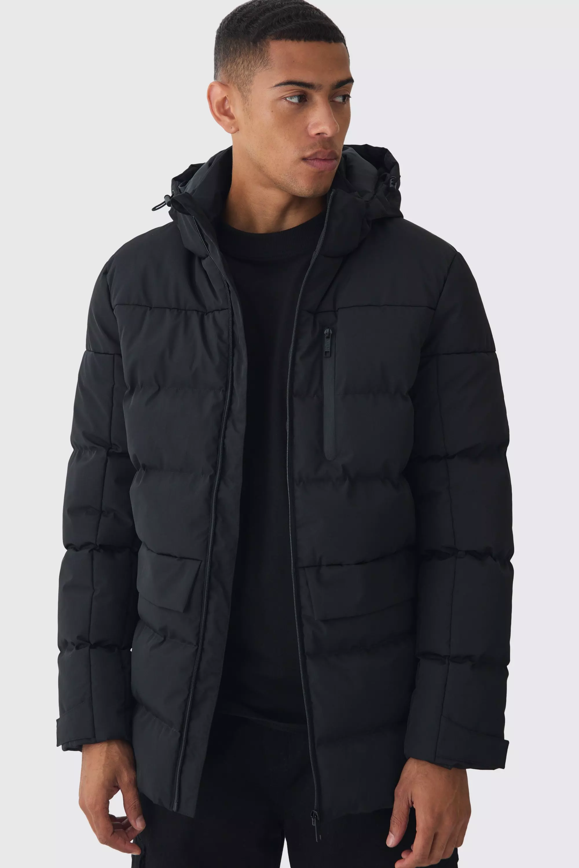 Mid Length Hooded Puffer In Black Black