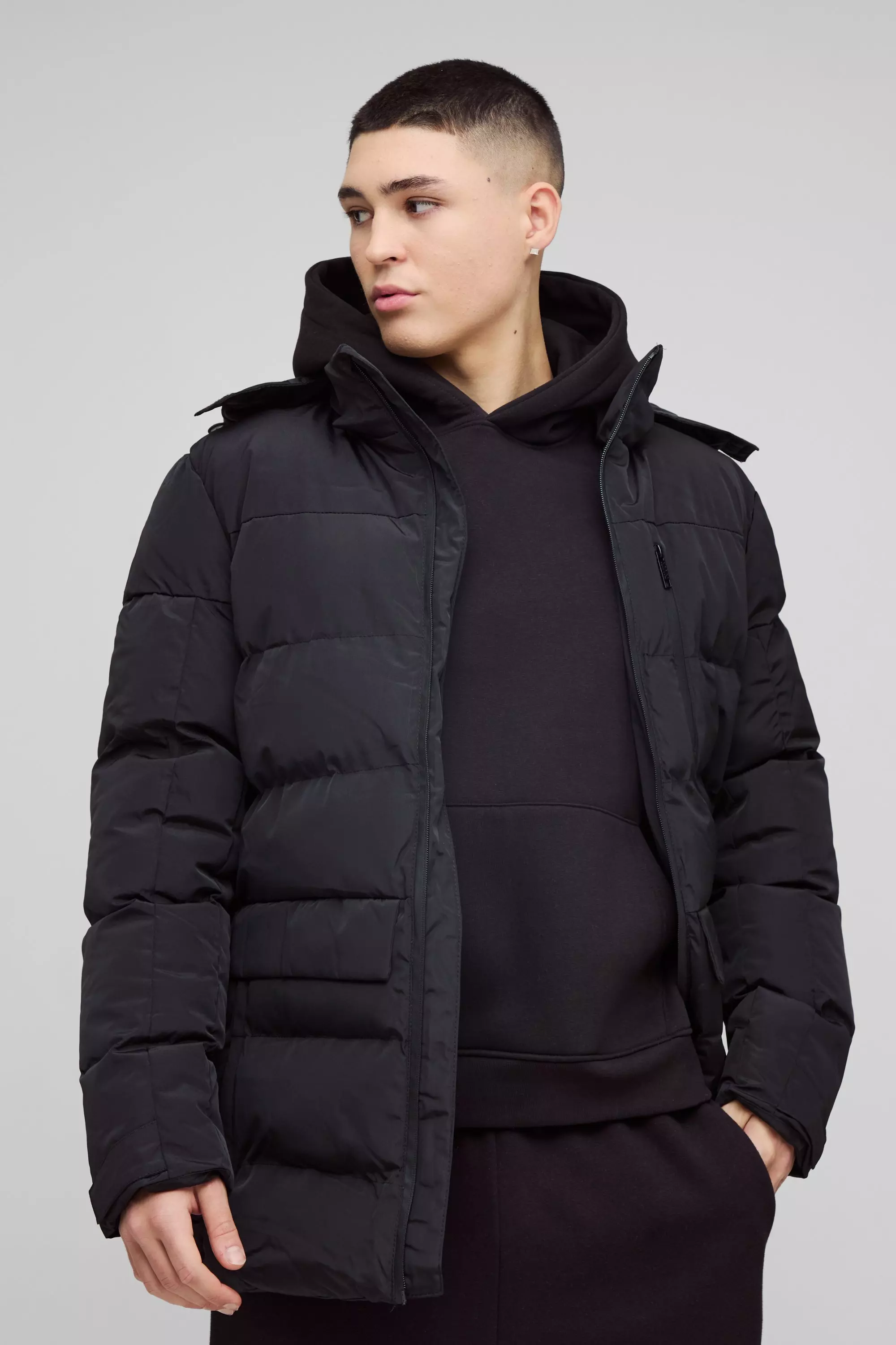 Mid Length Hooded Puffer In Black boohooMAN UK