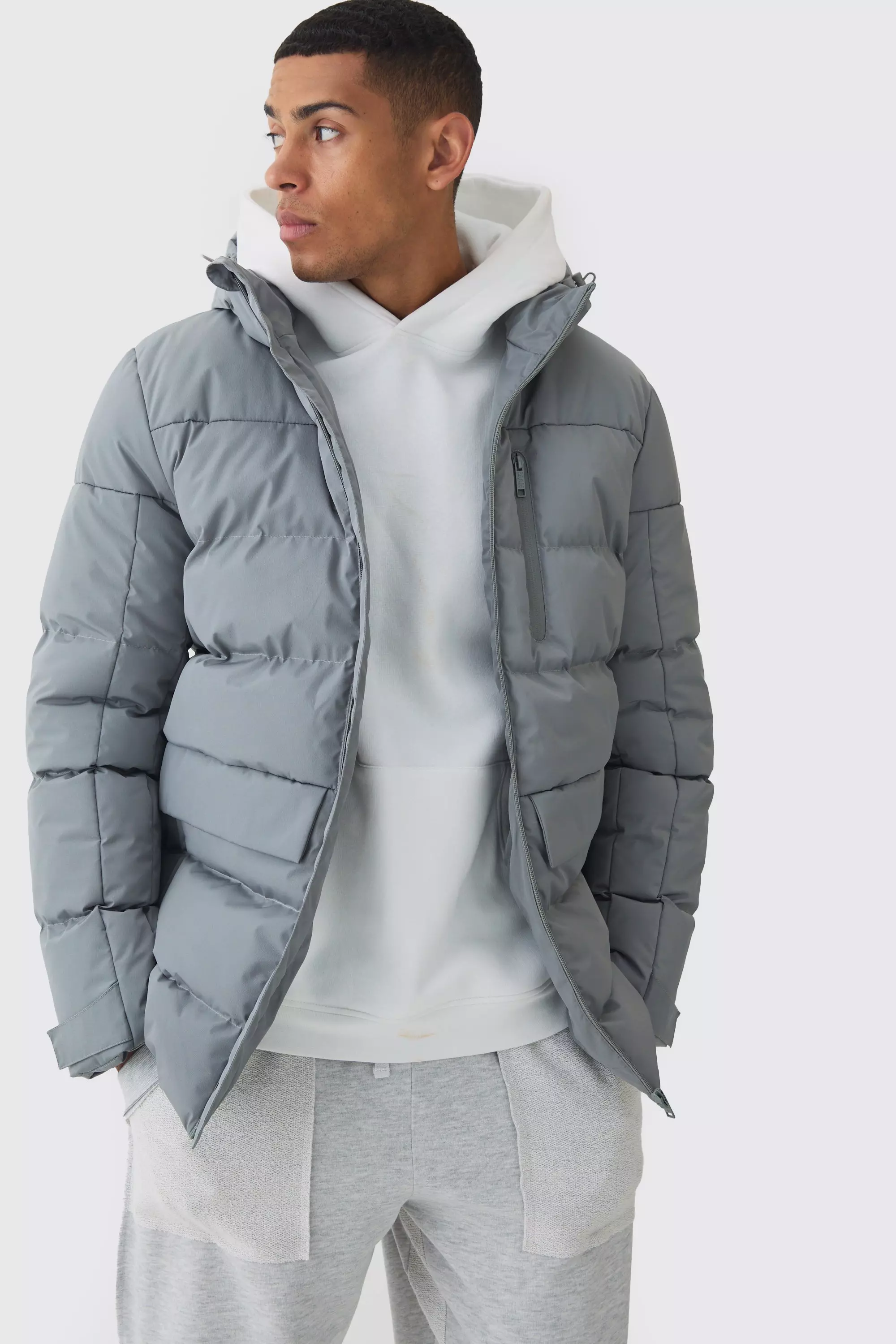 Mid Length Hooded Puffer In Grey Grey