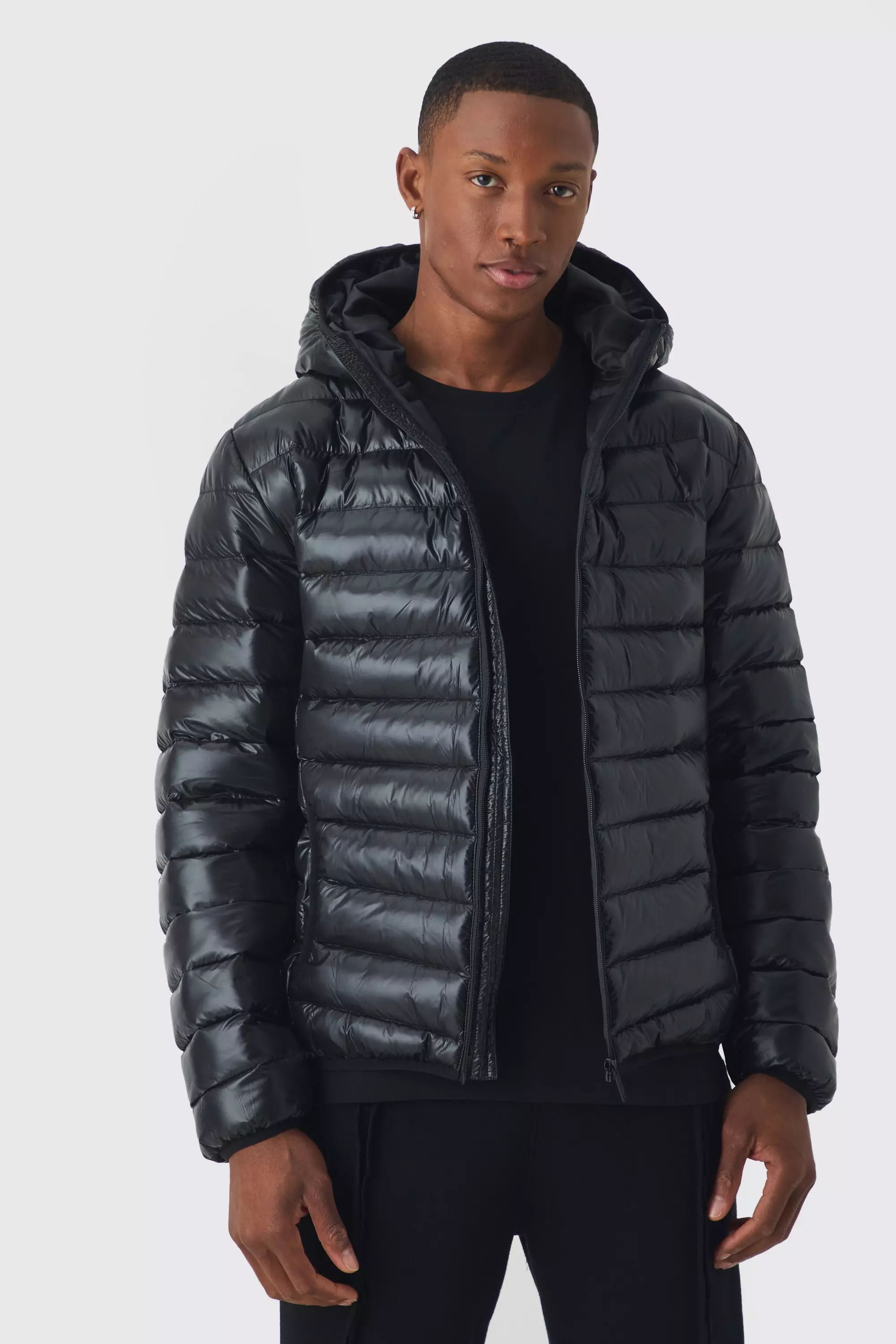 High Shine Quilted Hooded Jacket In Black Black