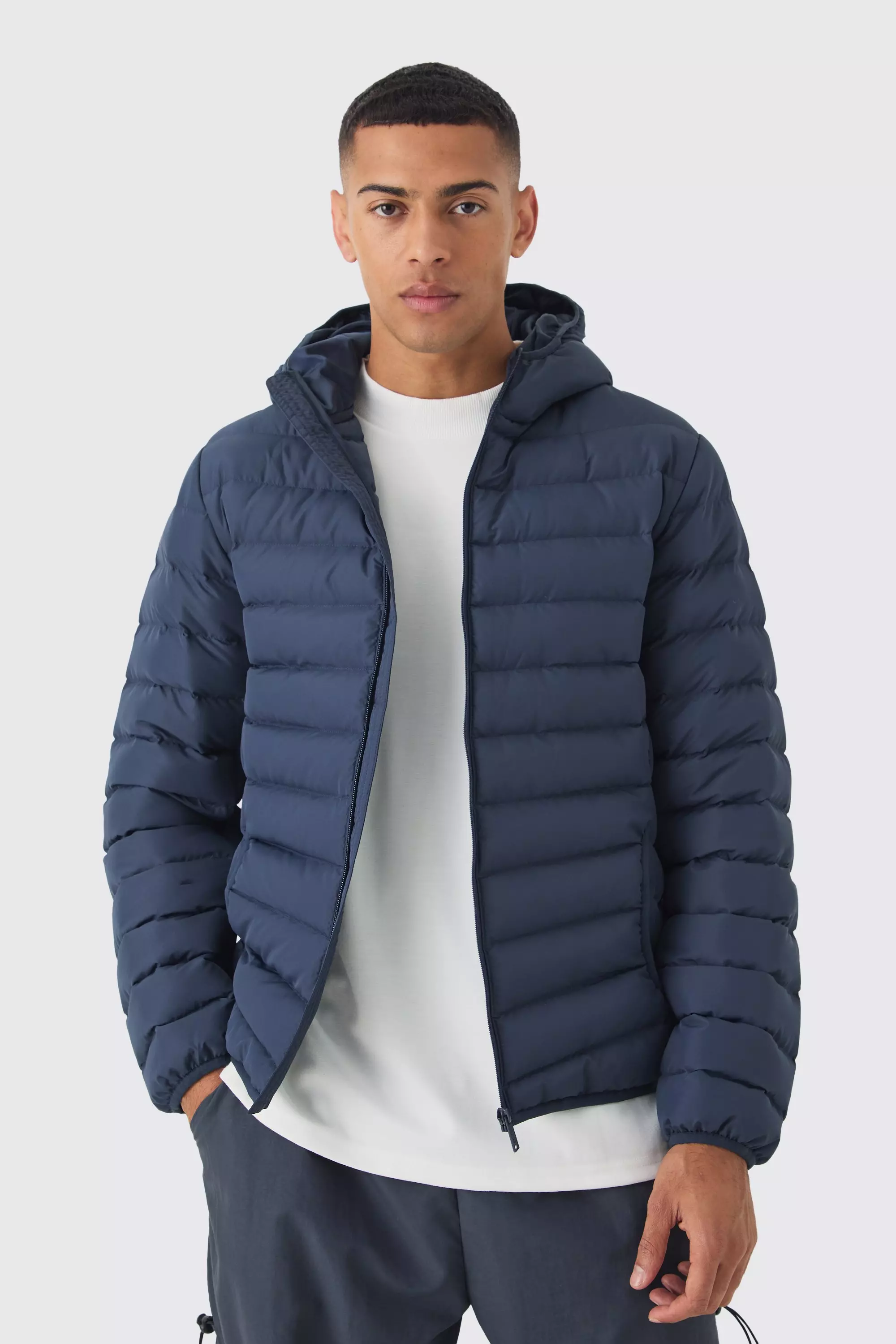 Quilted Zip Through Hooded Jacket In Navy Navy