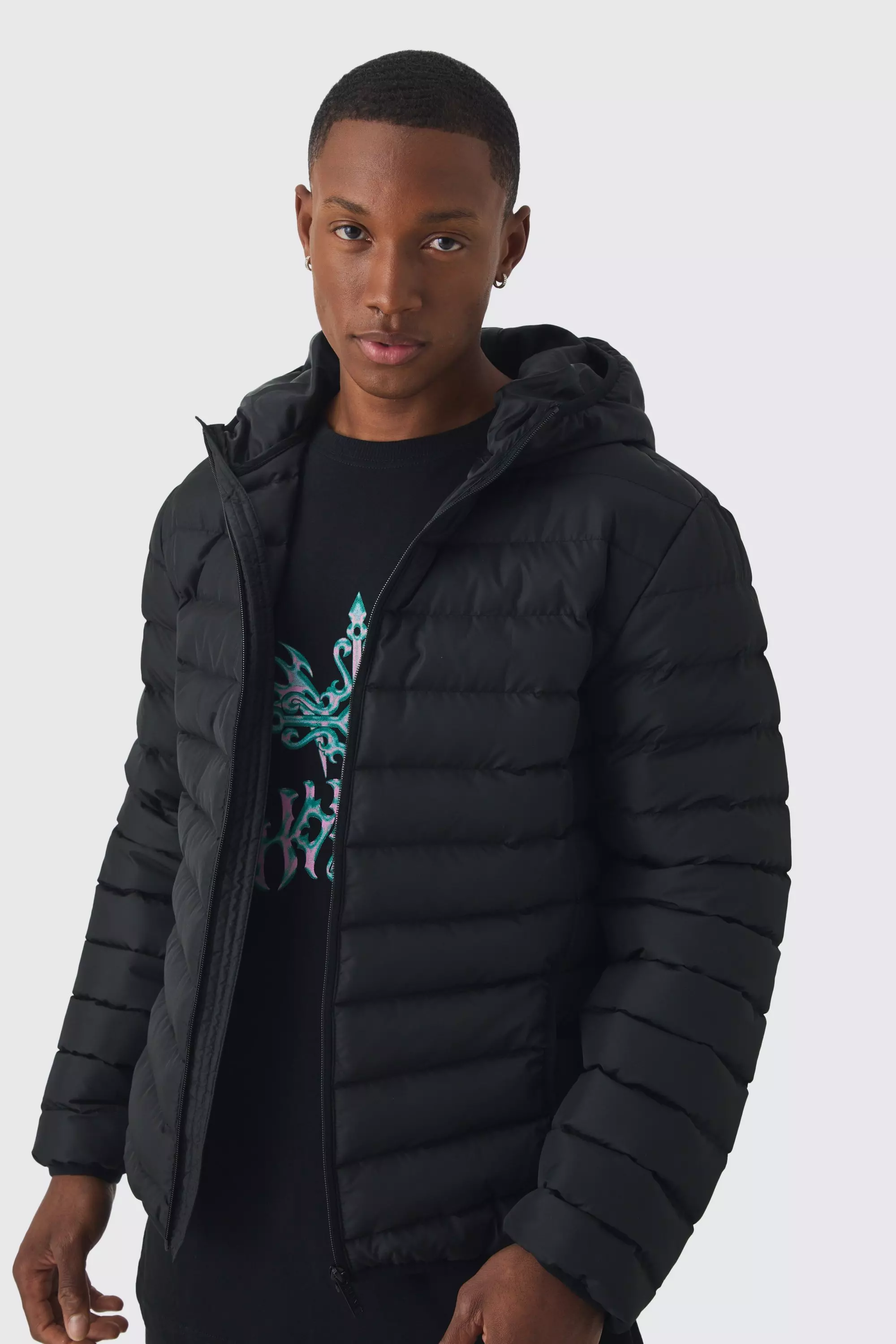 Quilted Zip Through Hooded Jacket In Black Black