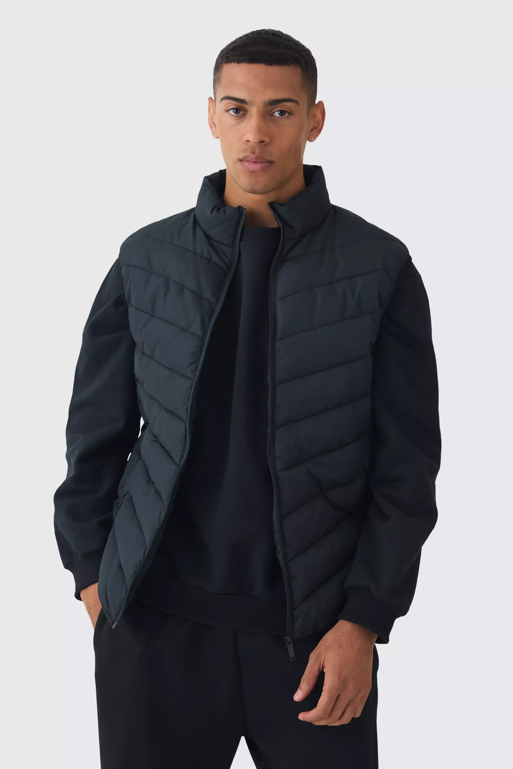 Quilted Zip Through Funnel Neck Vest In Black Black