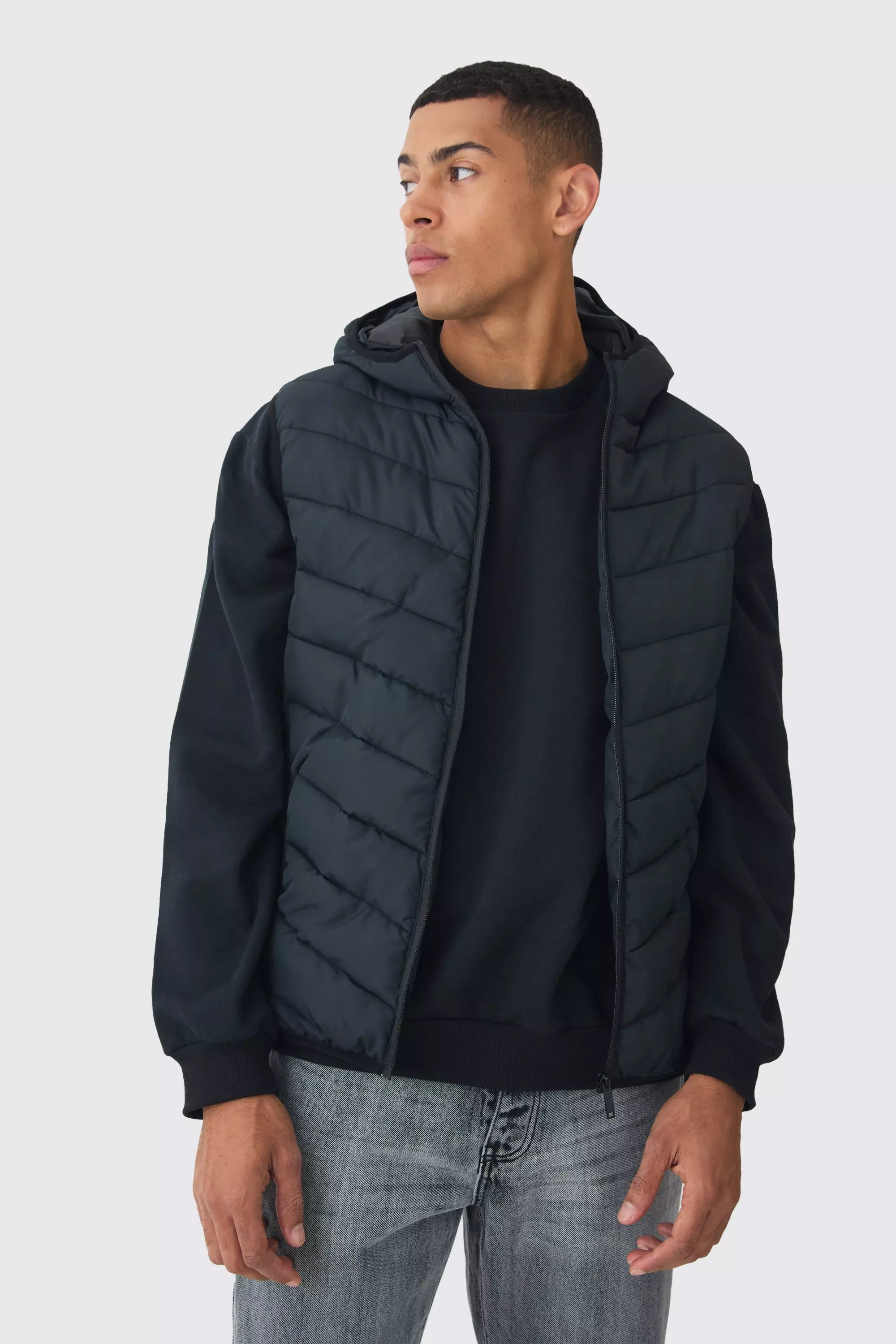 Quilted Zip Through Hooded Vest In Black Black