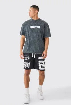 Oversized Acid Wash Limited T-shirt & Mesh Basketball Shorts Black