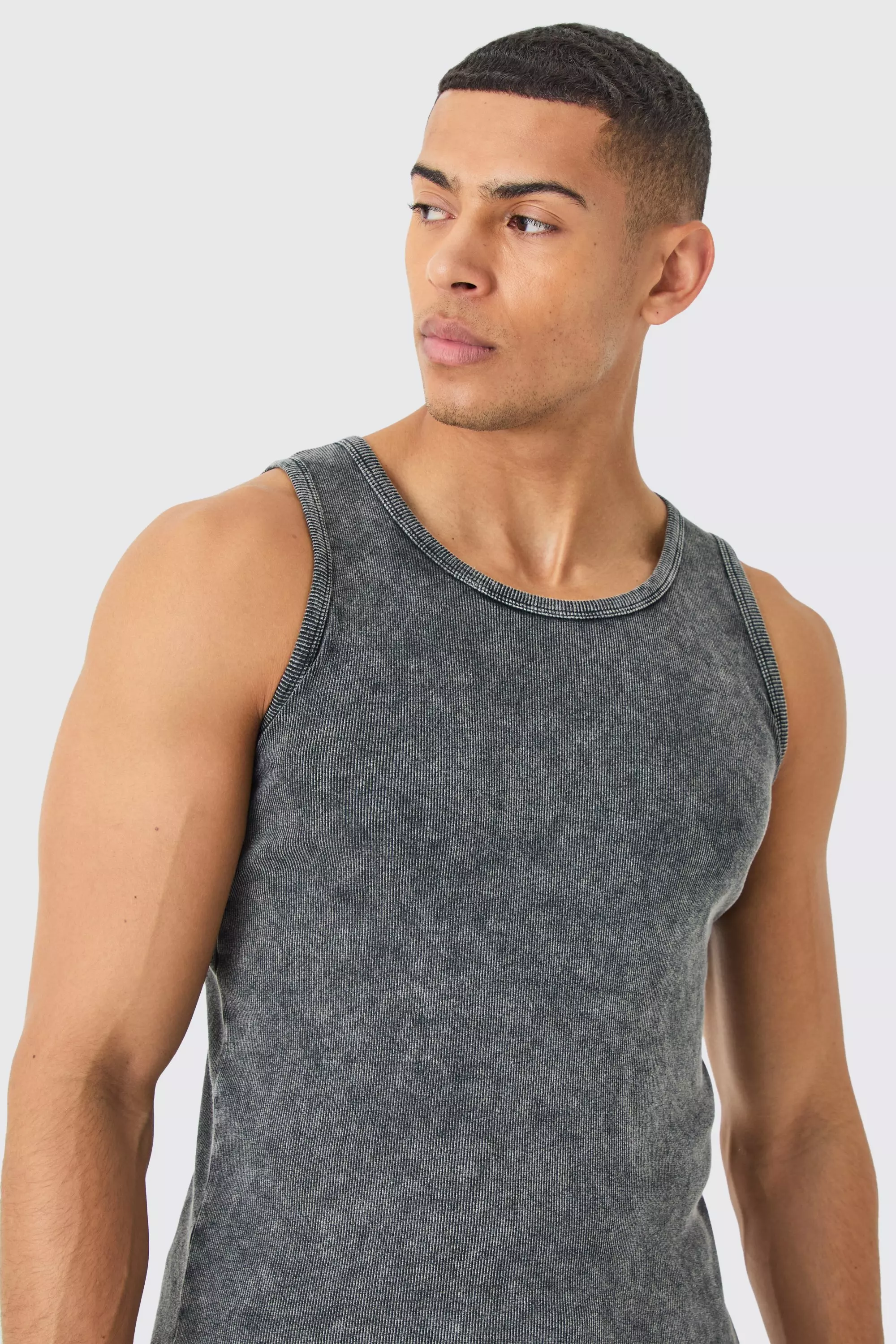 Muscle Fit Acid Wash Ribbed Vest Charcoal