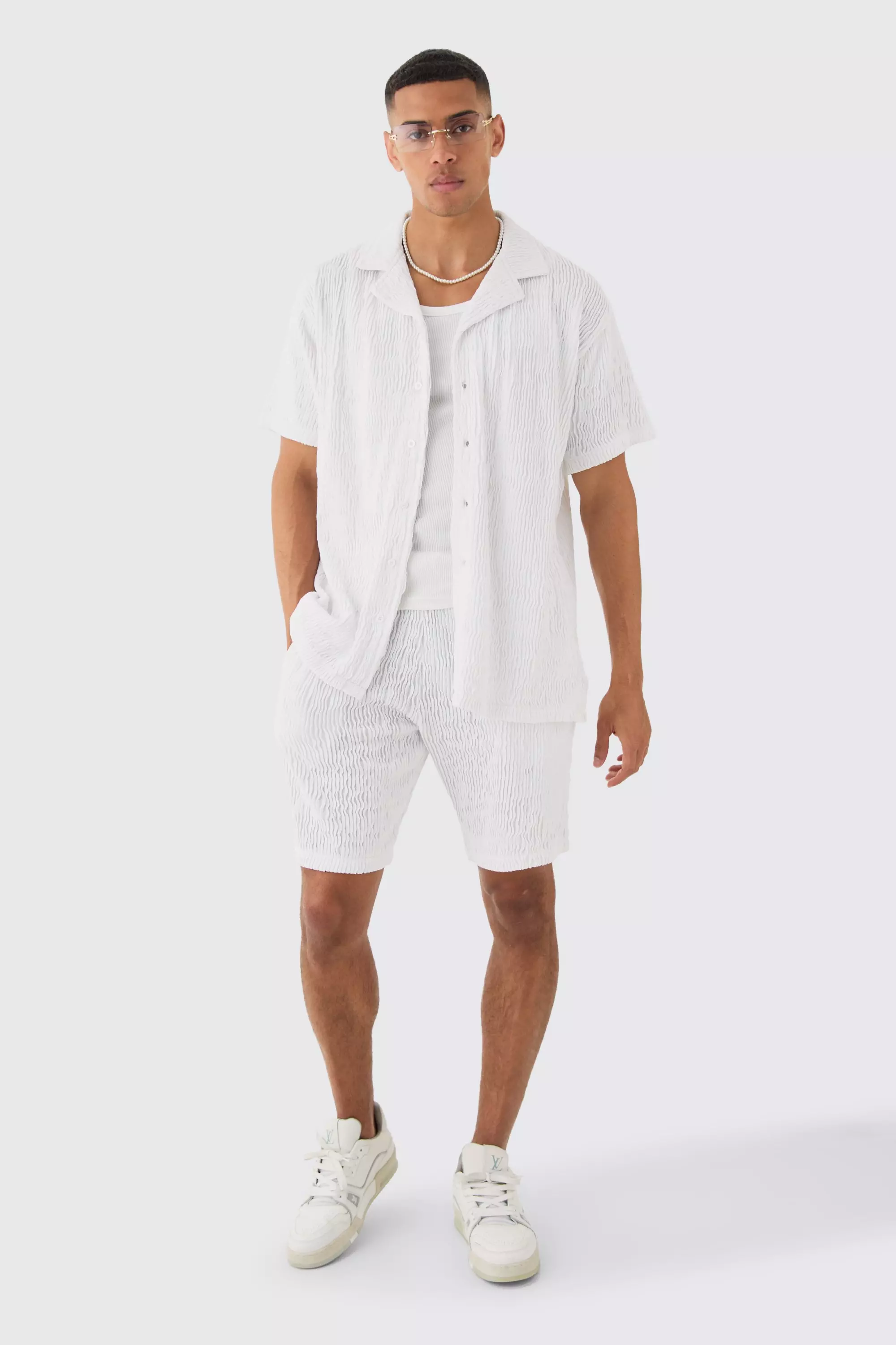 Oversized Ripple Pleated Shirt And Short White