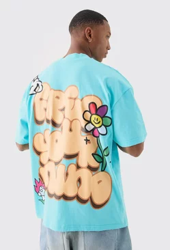 Oversized Flower Puff Print Distressed T-shirt Turquoise