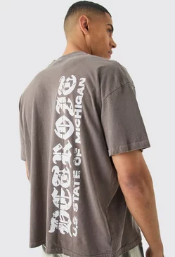 Chocolate Brown Oversized Gothic Text Overdyed T-shirt