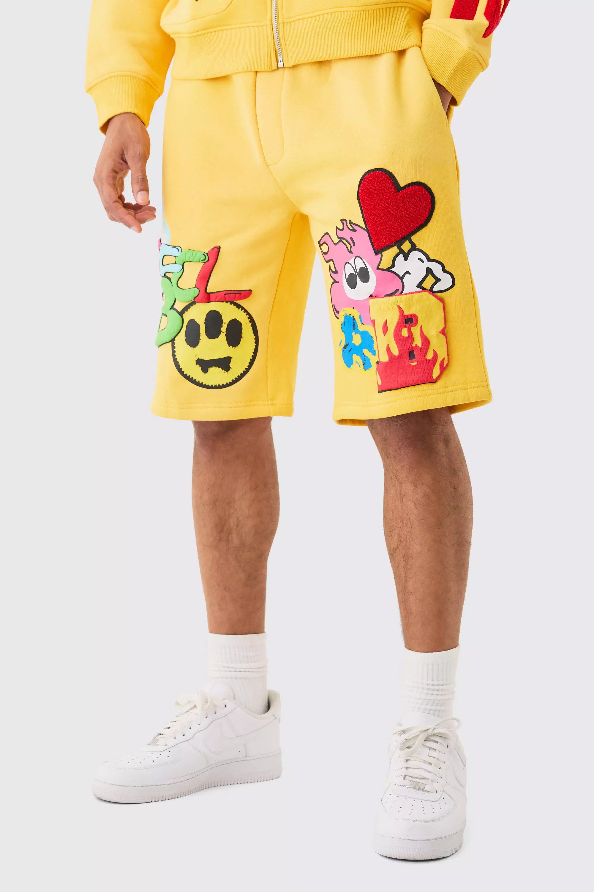 Yellow Loose Embroidered Spray Shorts