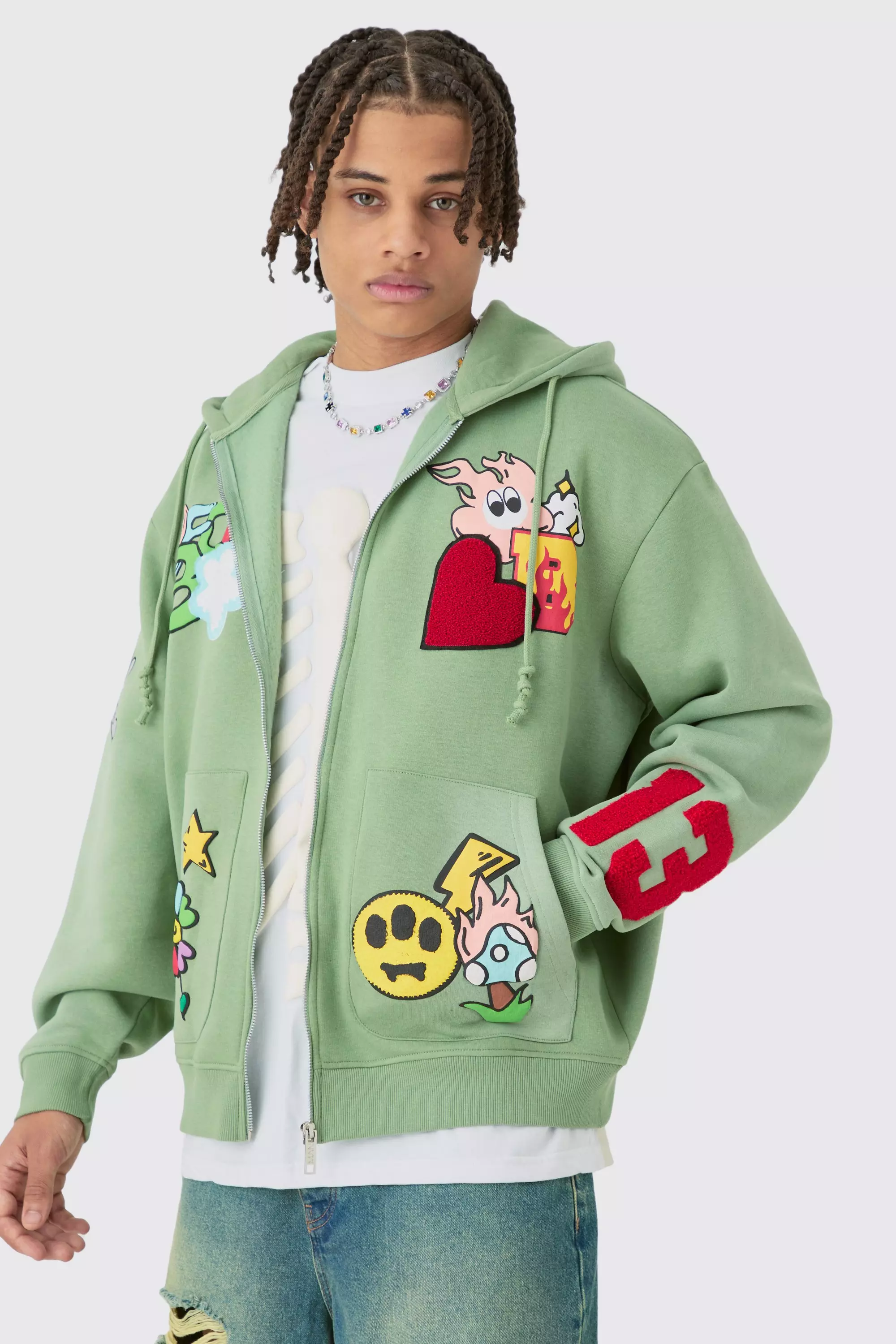 Bestickter Oversize Hoodie mit Reißverschluss, Khaki alternatives Bild