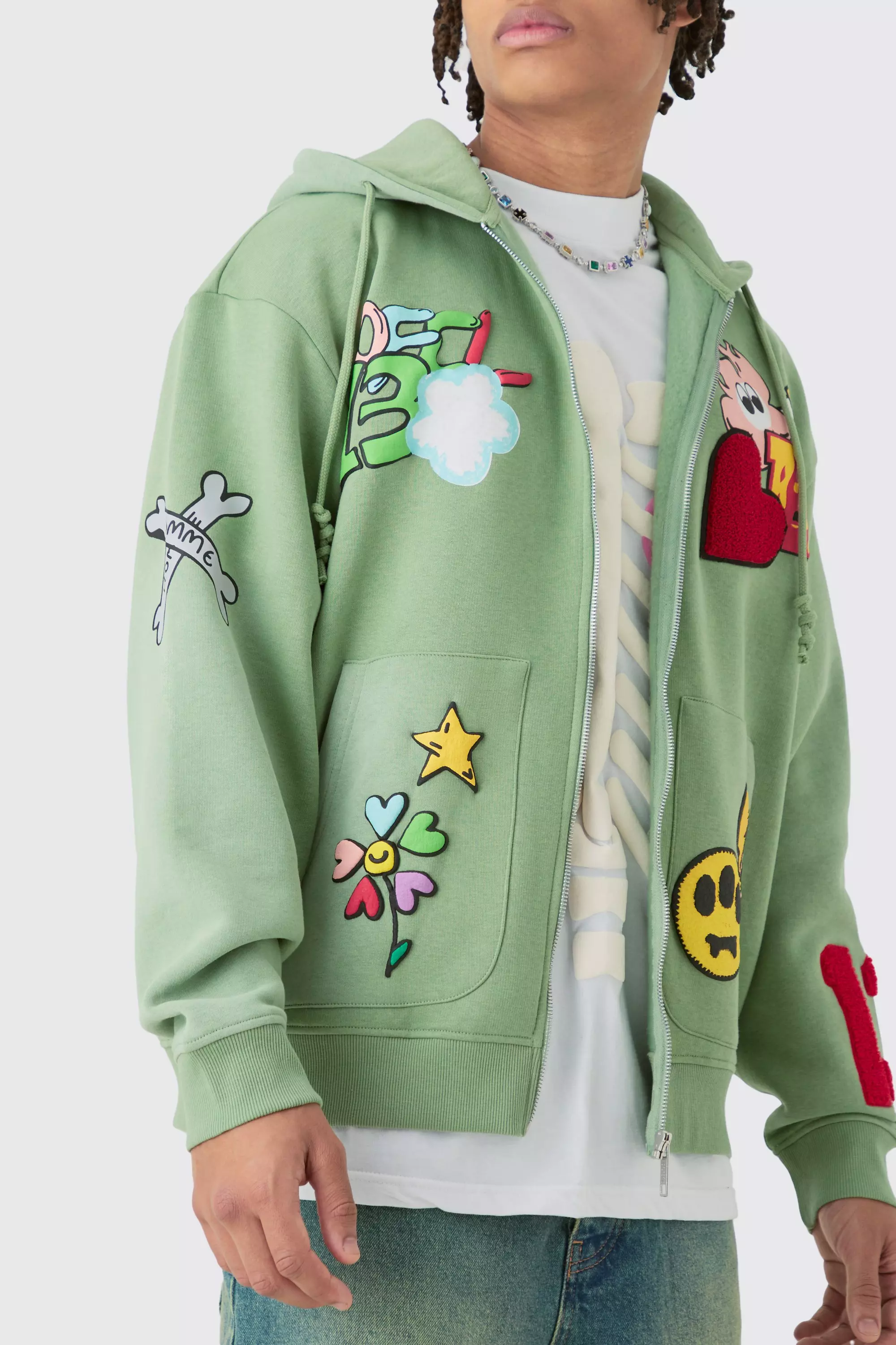 Bestickter Oversize Hoodie mit Reißverschluss, Khaki alternatives Bild
