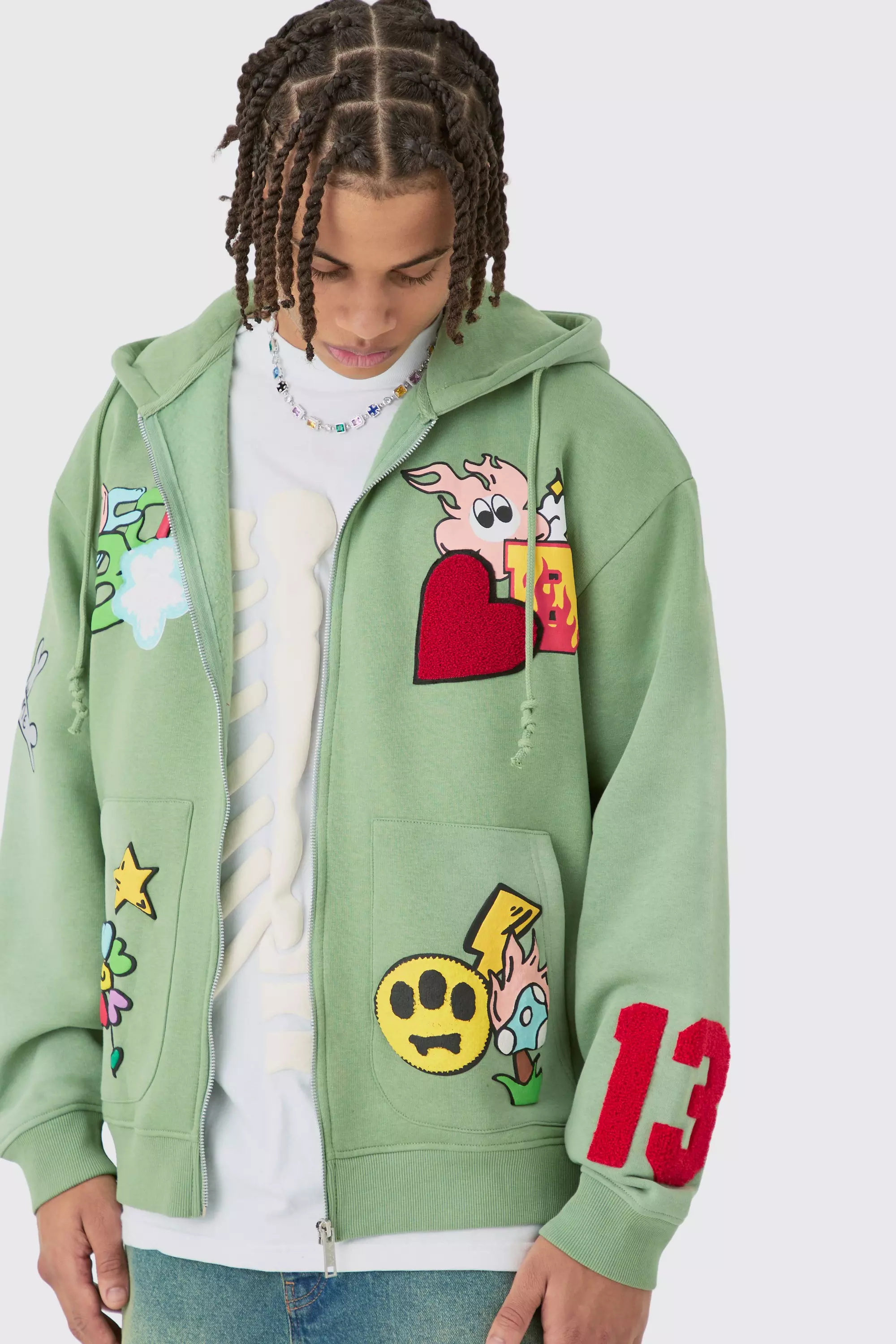 Bestickter Oversize Hoodie mit Reißverschluss, Khaki alternatives Bild