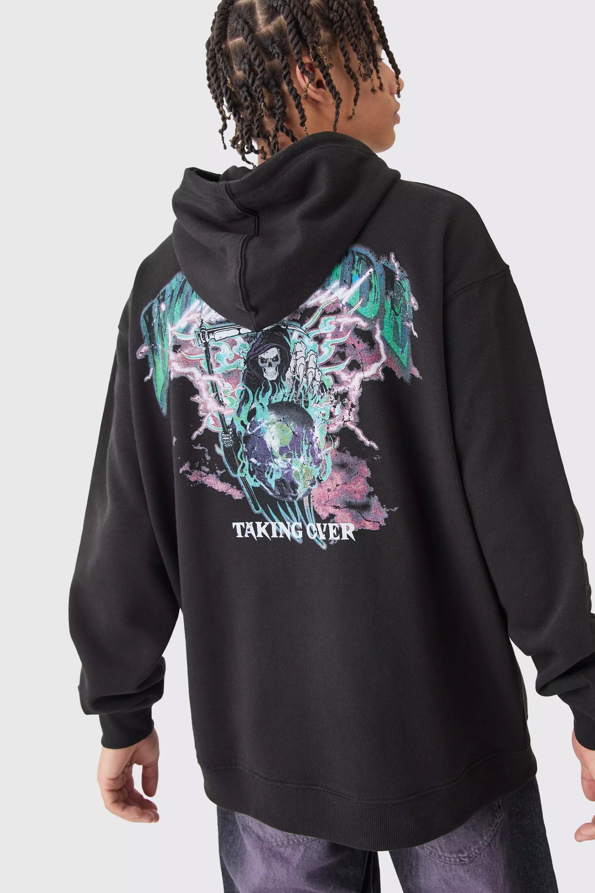 Black Oversized Worldwide Skull Graphic Hoodie