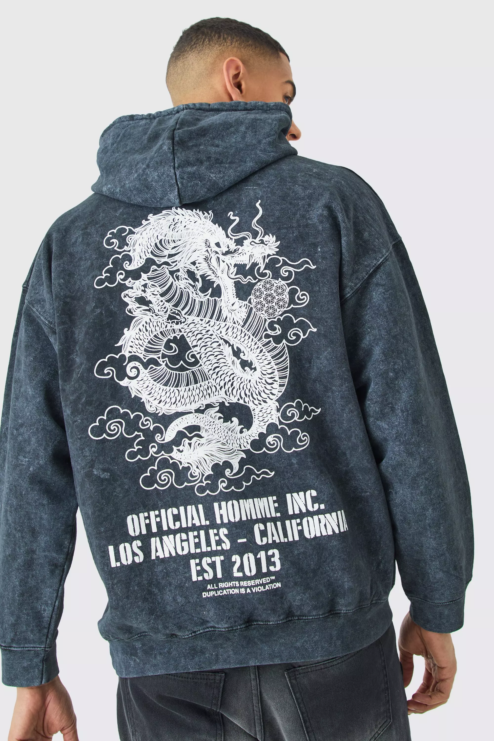 Black Oversized Acid Wash Dragon Graphic Hoodie