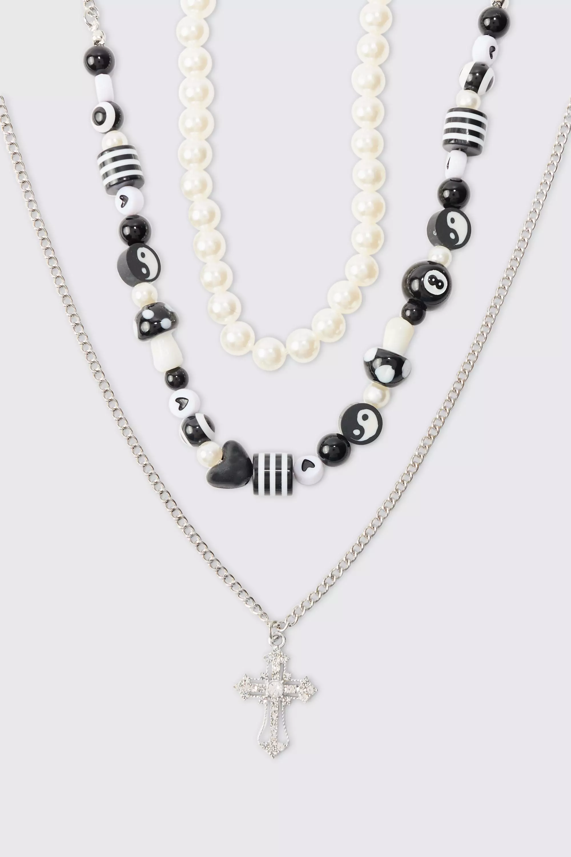 3 Pack Beaded Necklace With Cross Pendant In Silver Silver