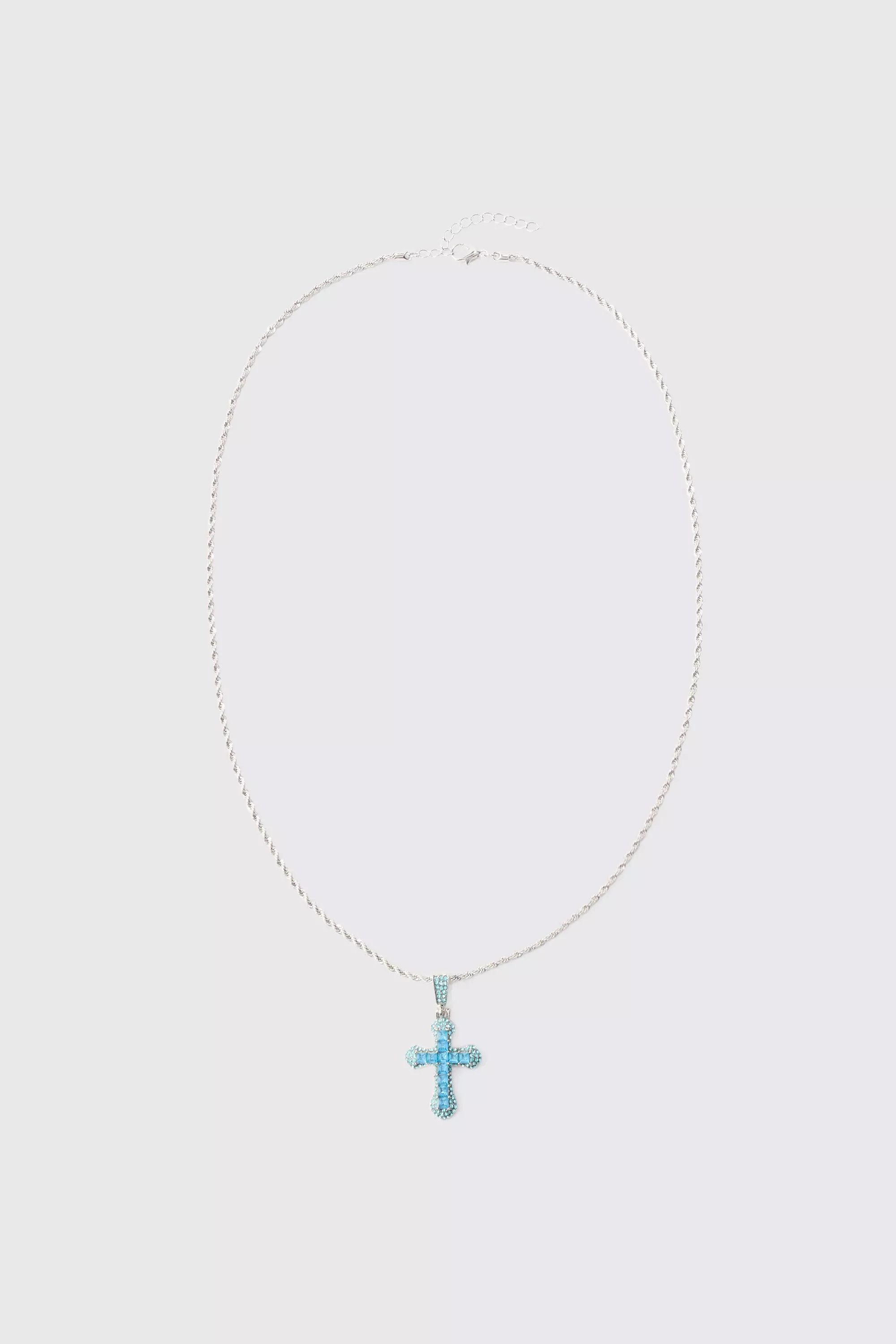 Iced Cross Pendant Necklace In Blue Blue