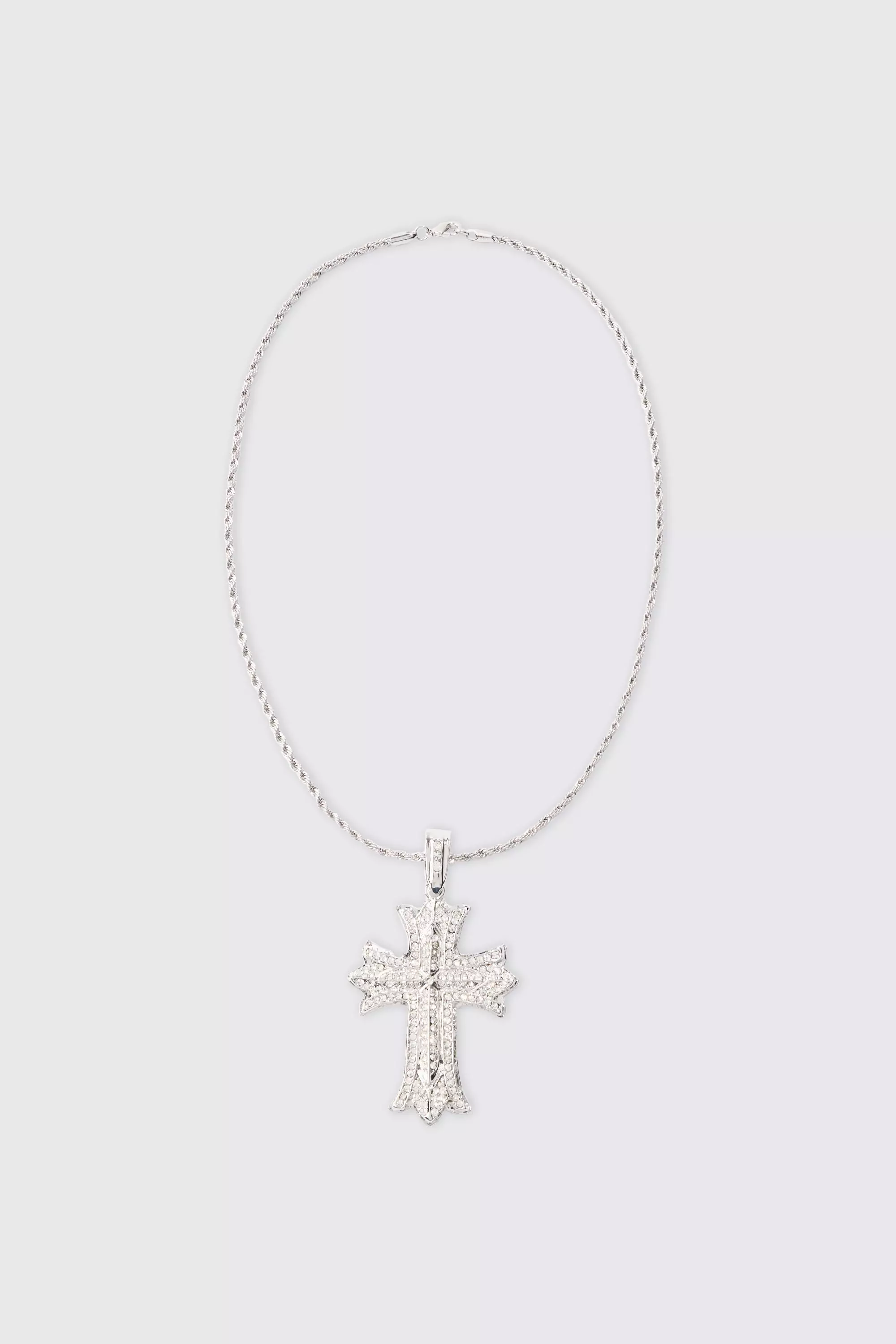 Silver Iced Gothic Cross Pendant Necklace In Silver