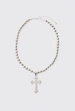 Beaded Cross Necklace In Silver Silver
