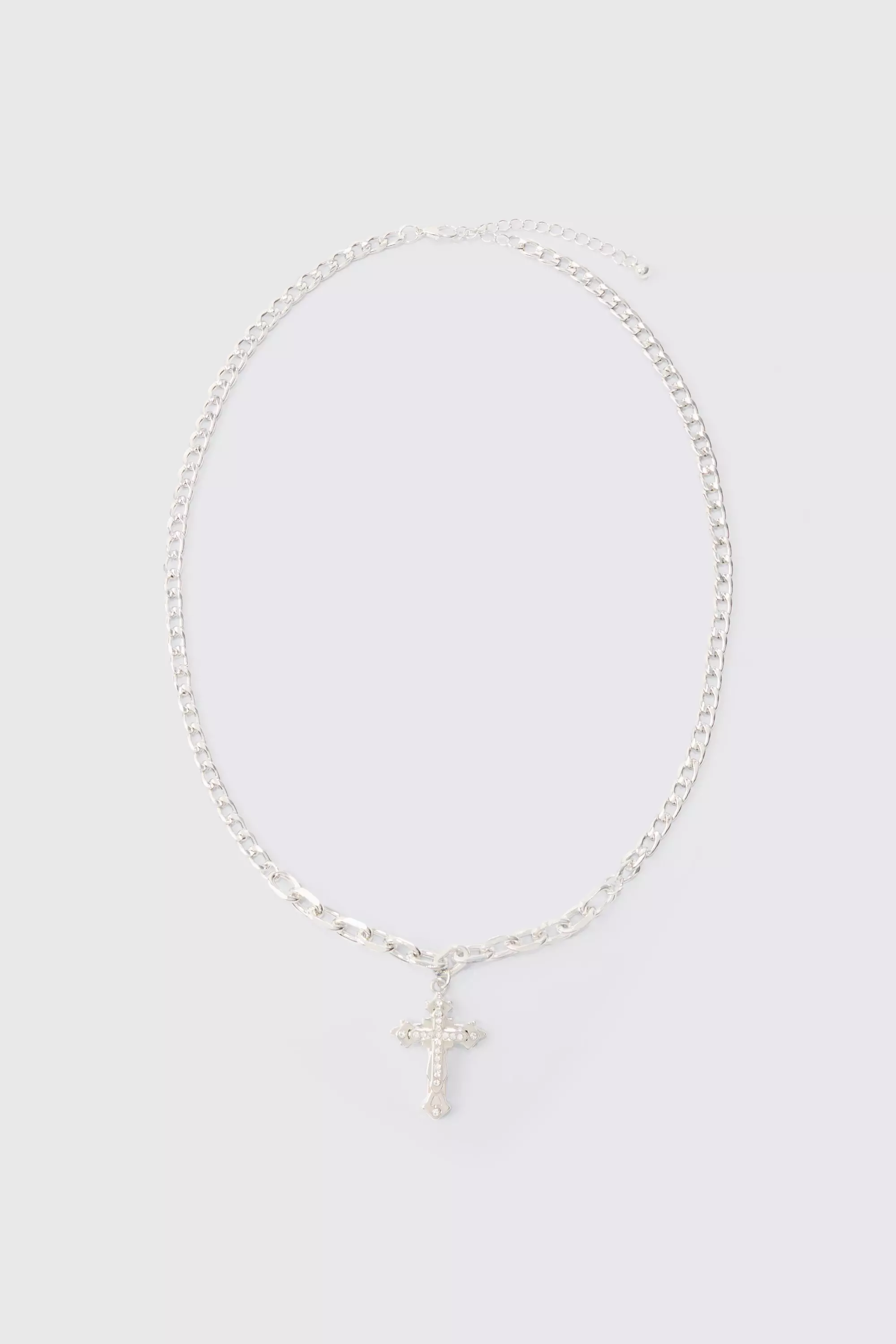 Chain Detail Cross Necklace In Silver Silver