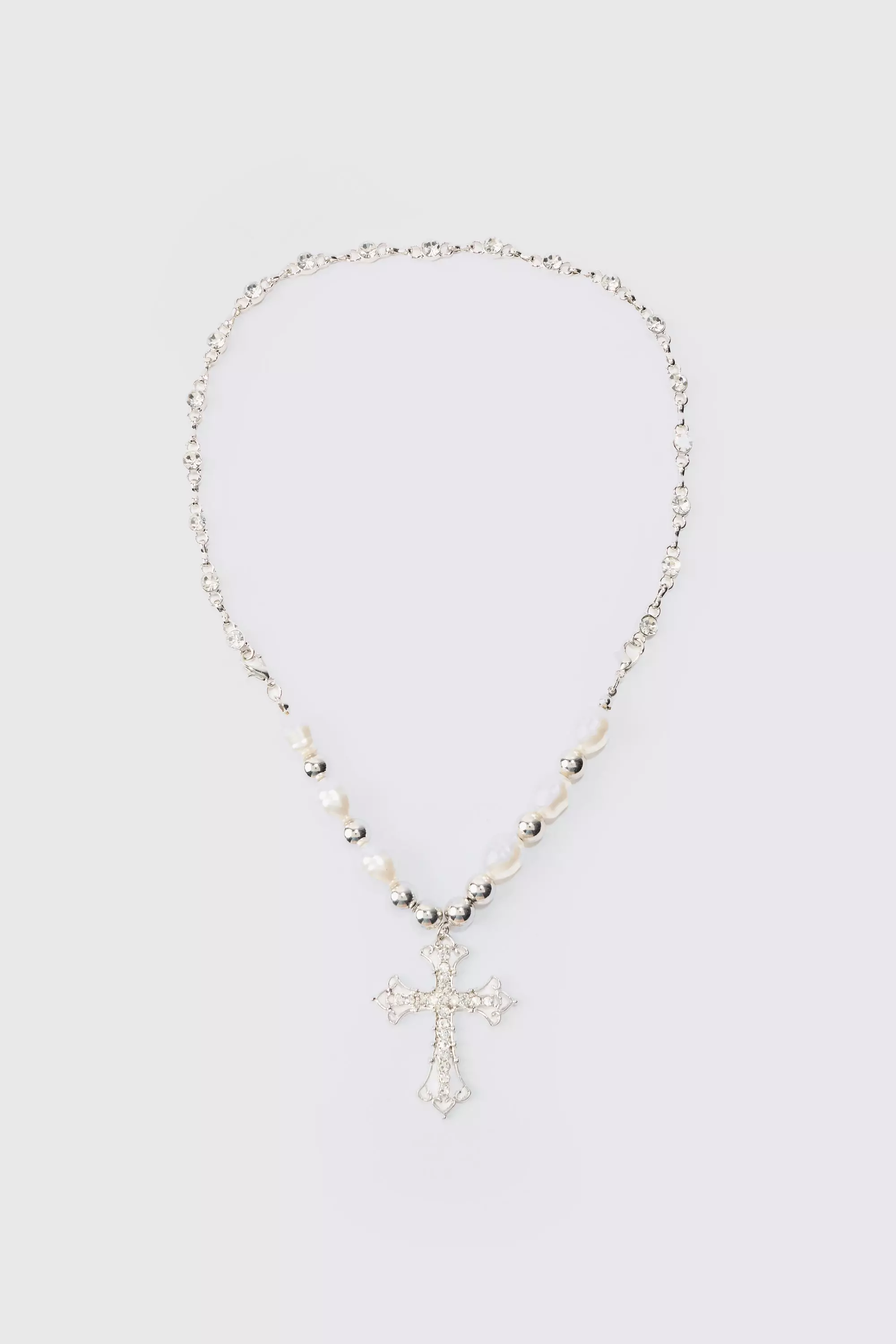 Pearl Cross Necklace In Silver Silver