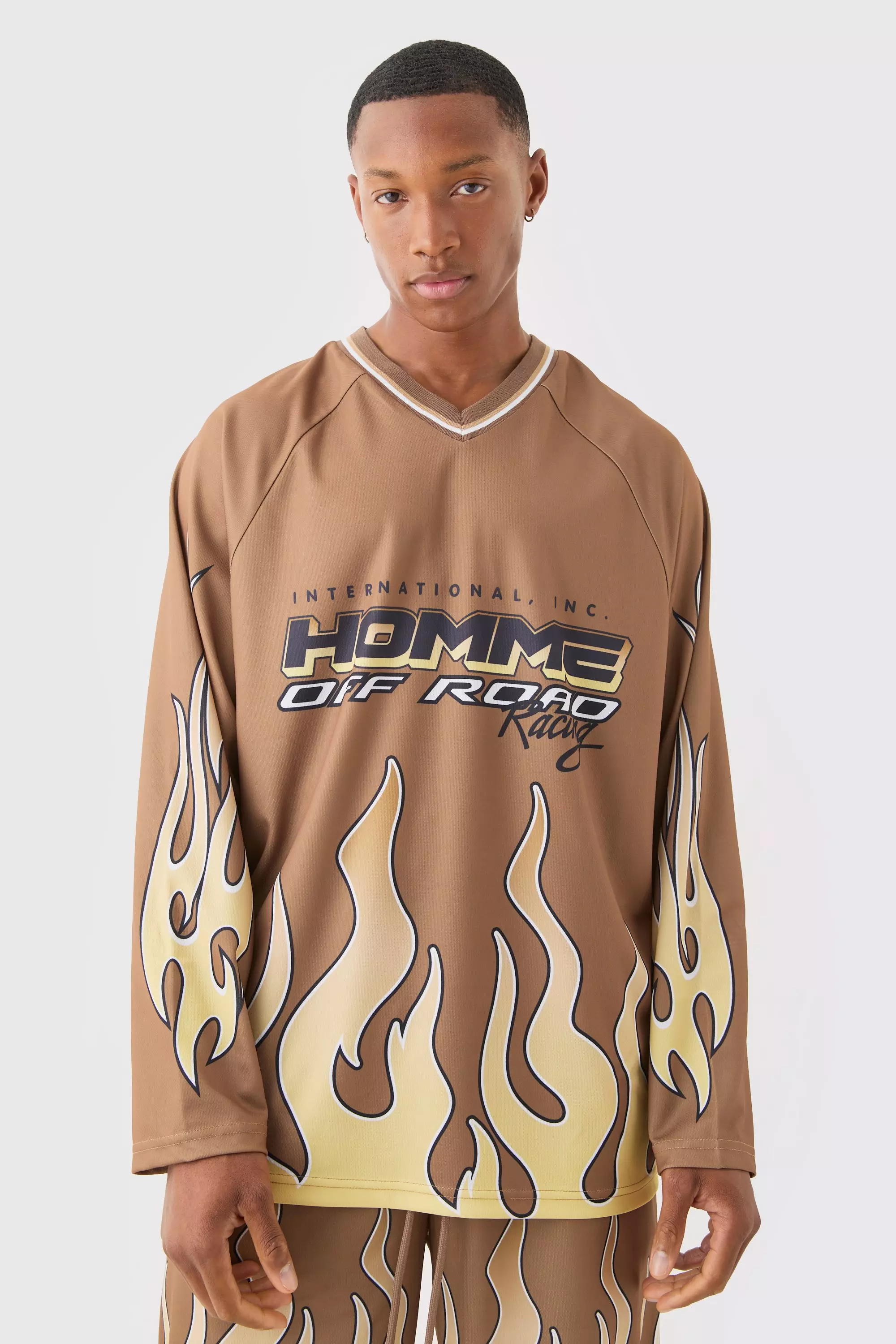 Homme Flame V Neck Mesh Long Sleeve T-shirt Chocolate