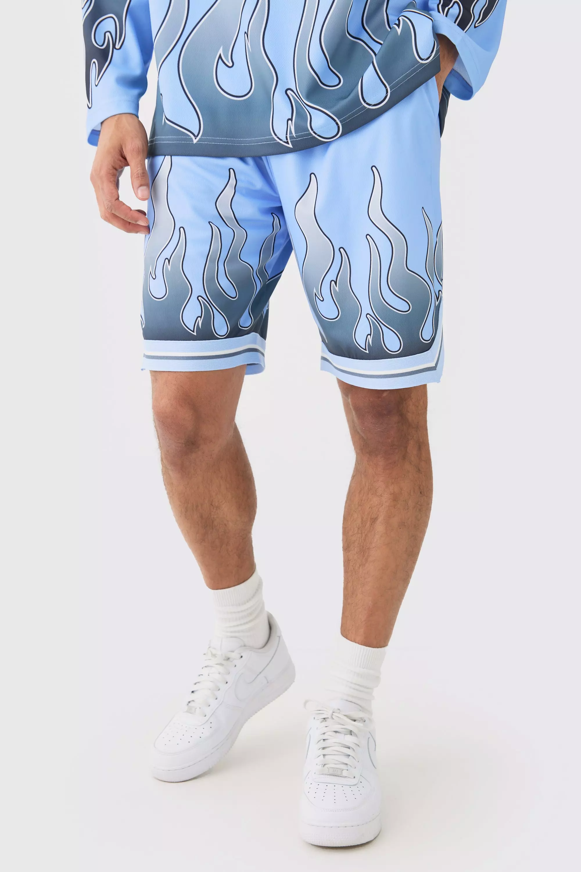 Flame Graphic Mesh Basketball Shorts Blue