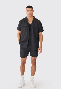 Short Sleeve Linen Cargo Shirt & Short Black