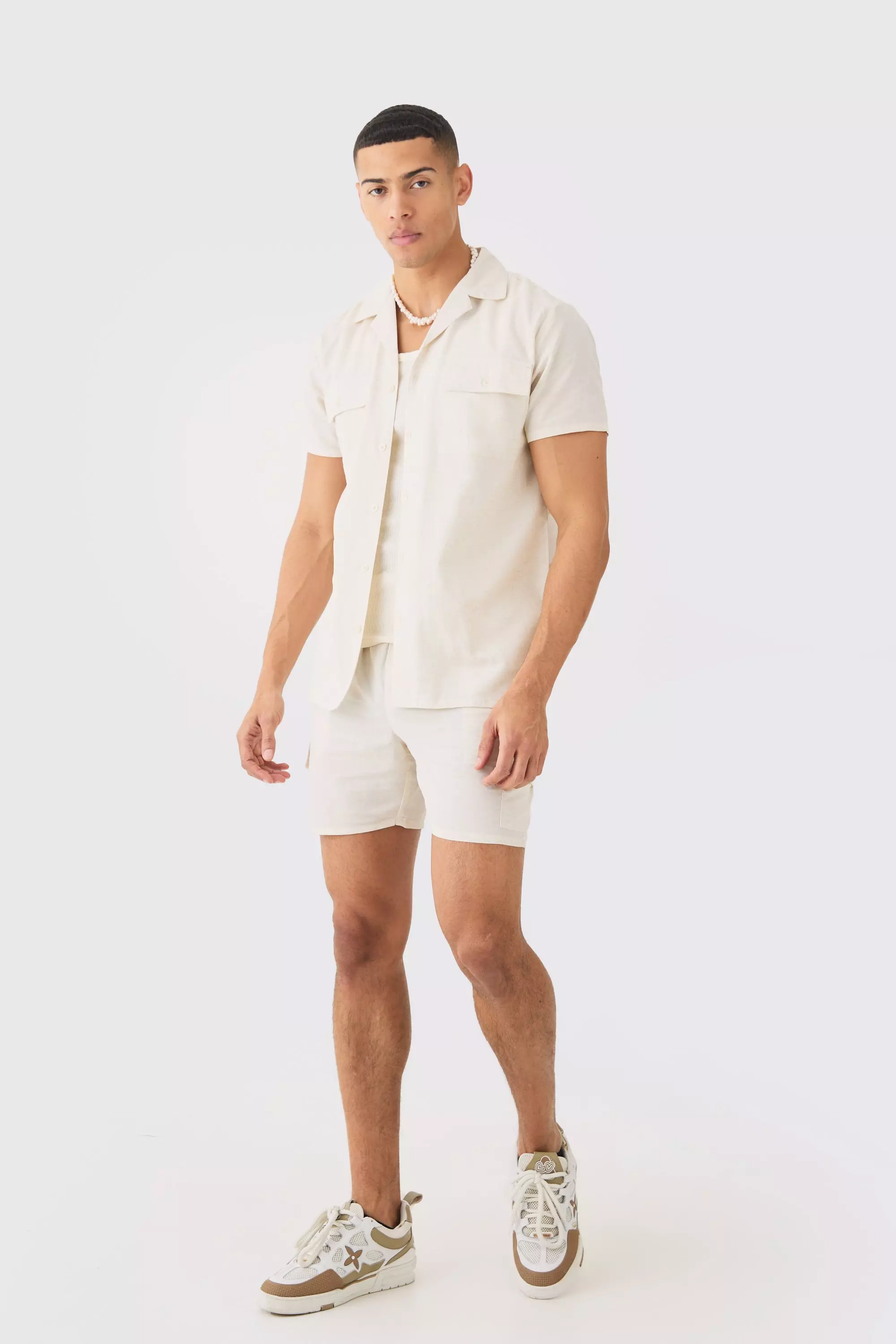 Short Sleeve Linen Cargo Shirt & Short Set Natural