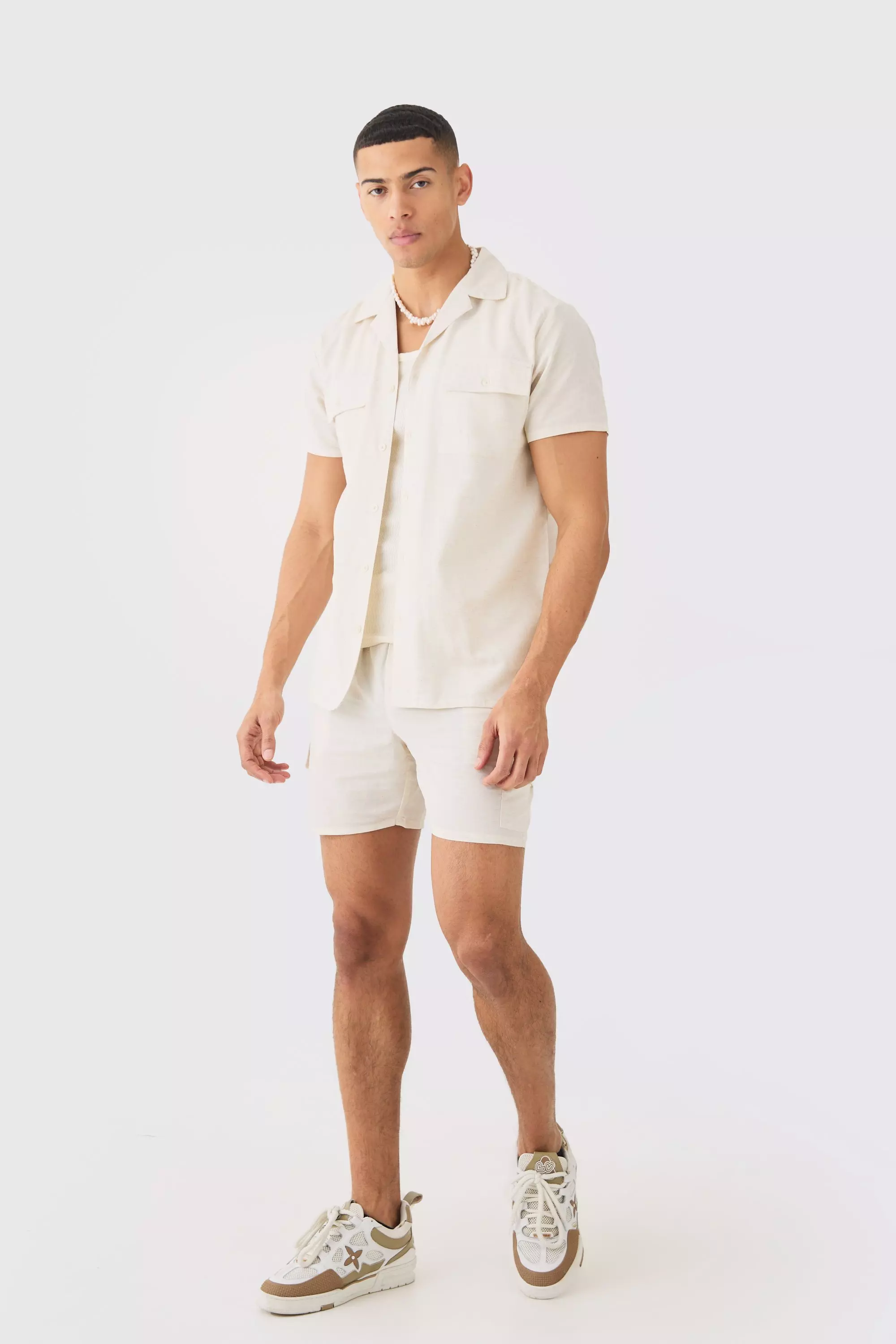 Short Sleeve Linen Cargo Shirt & Short Natural