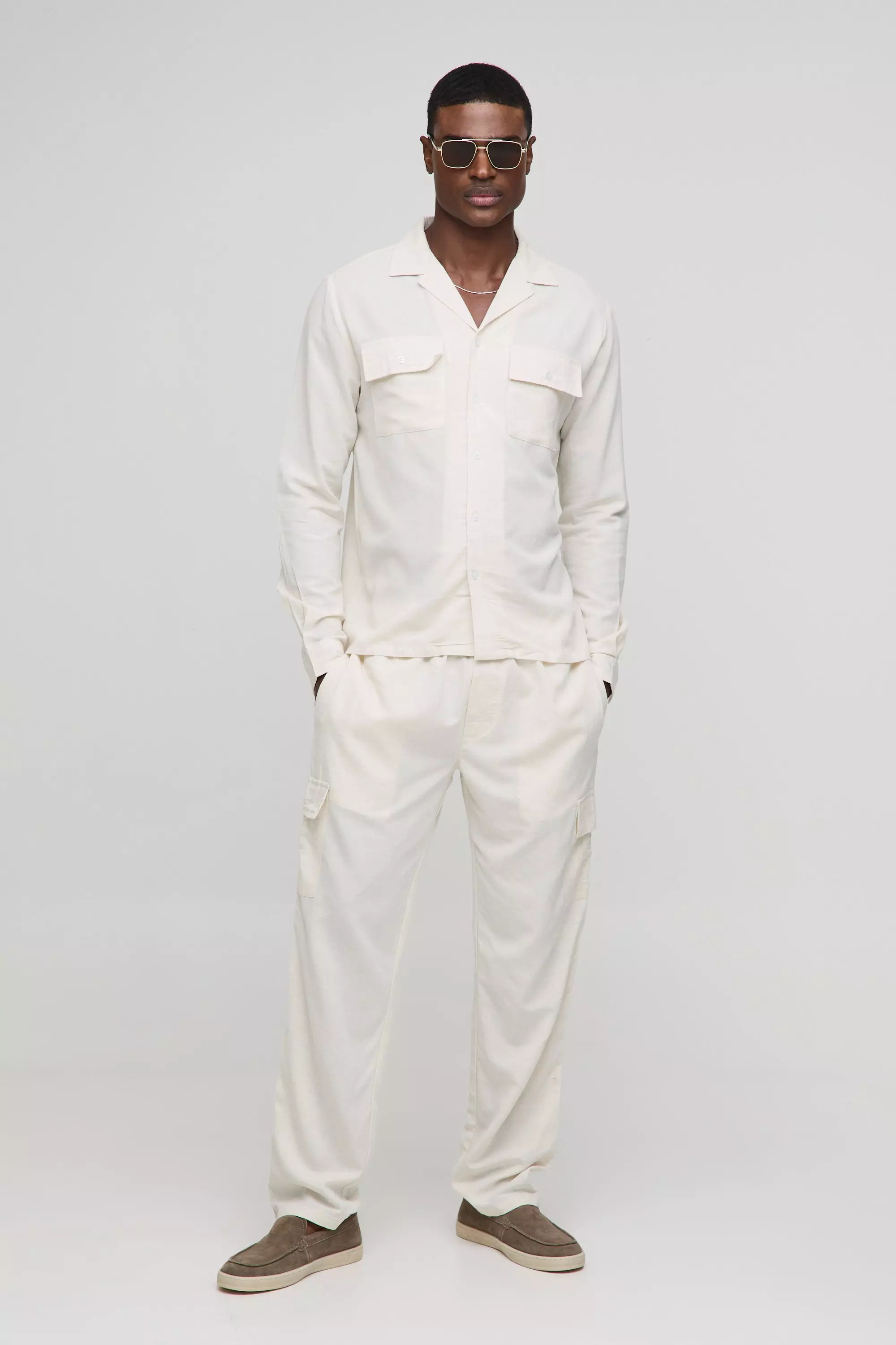 Natural Long Sleeve Linen Blend Cargo Shirt & Pants alternative image