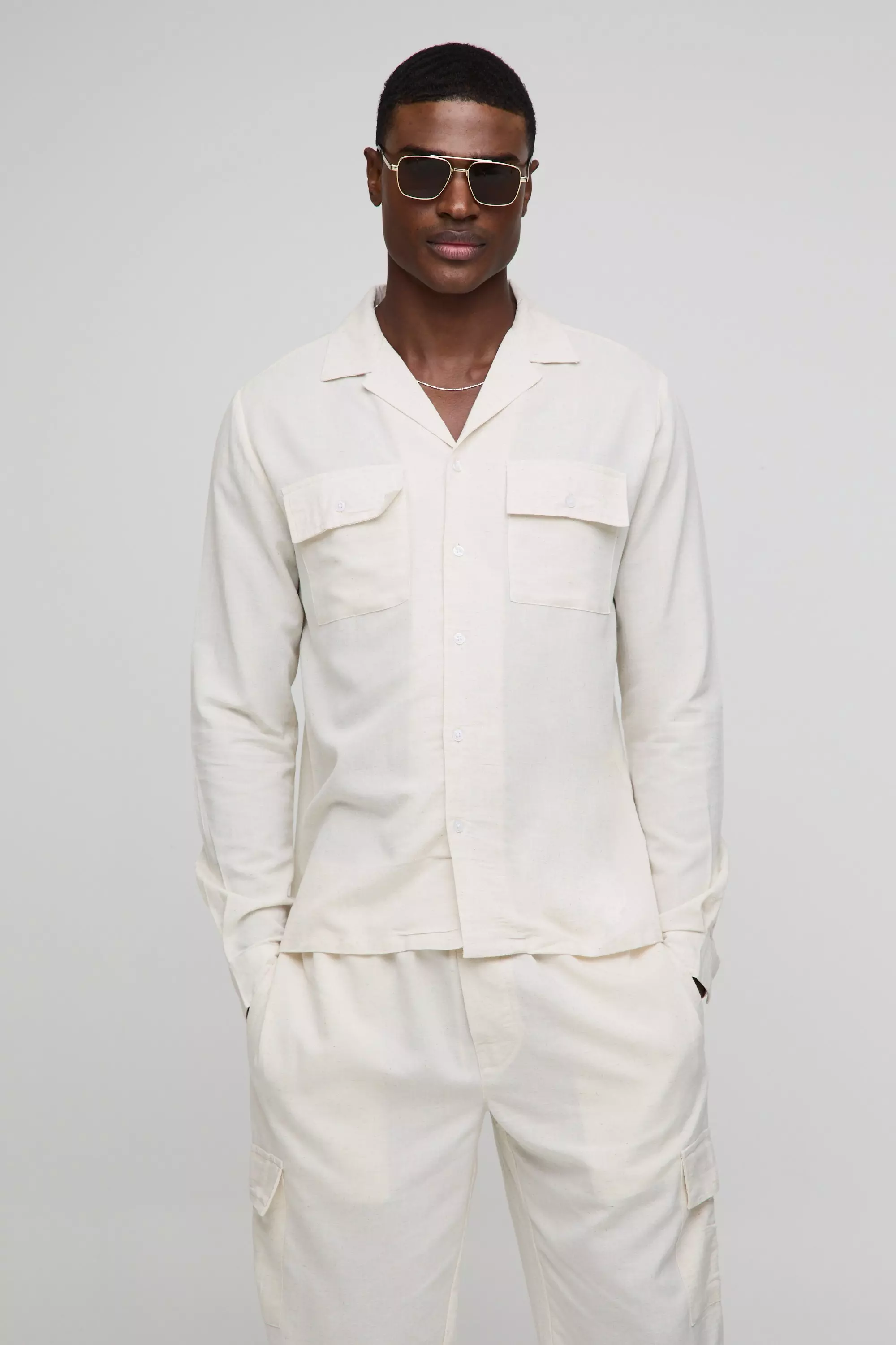 Natural Long Sleeve Linen Blend Cargo Shirt & Pants alternative image